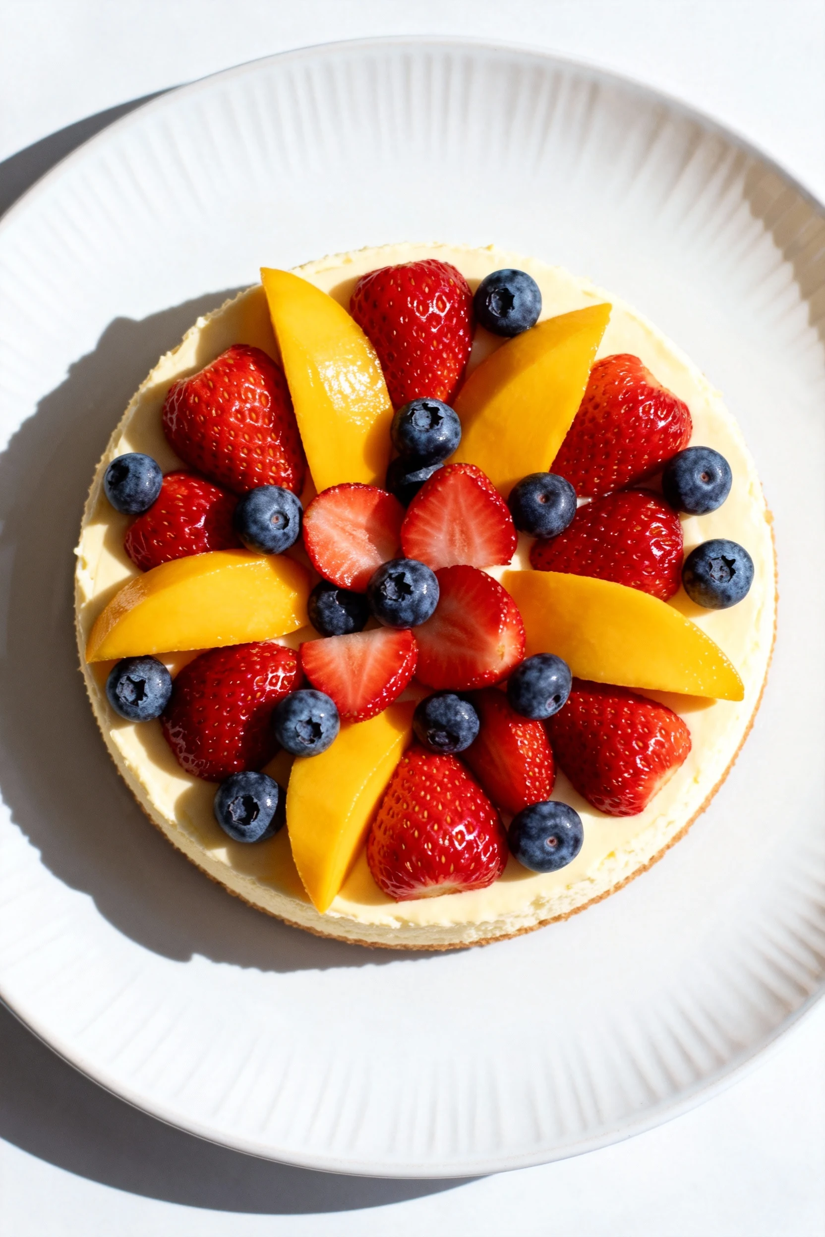 Overhead shot of a fully chilled cheesecake topped with a vibrant mix of fresh strawberries, blueberries, and mango slic