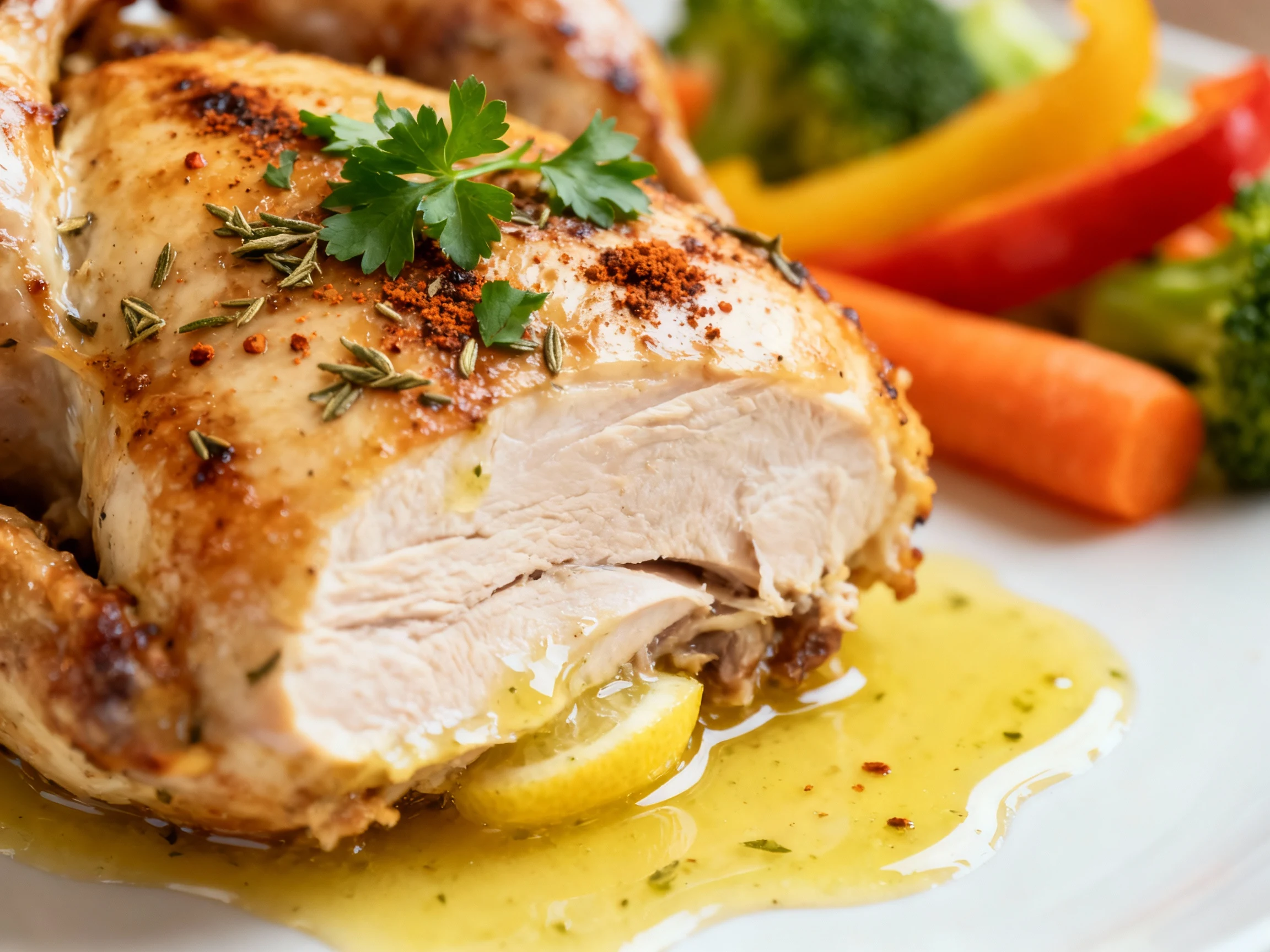 Food photography, Close-up of juicy roasted chicken with light char, glossy lemon–garlic drizzle, oregano and smoked pap