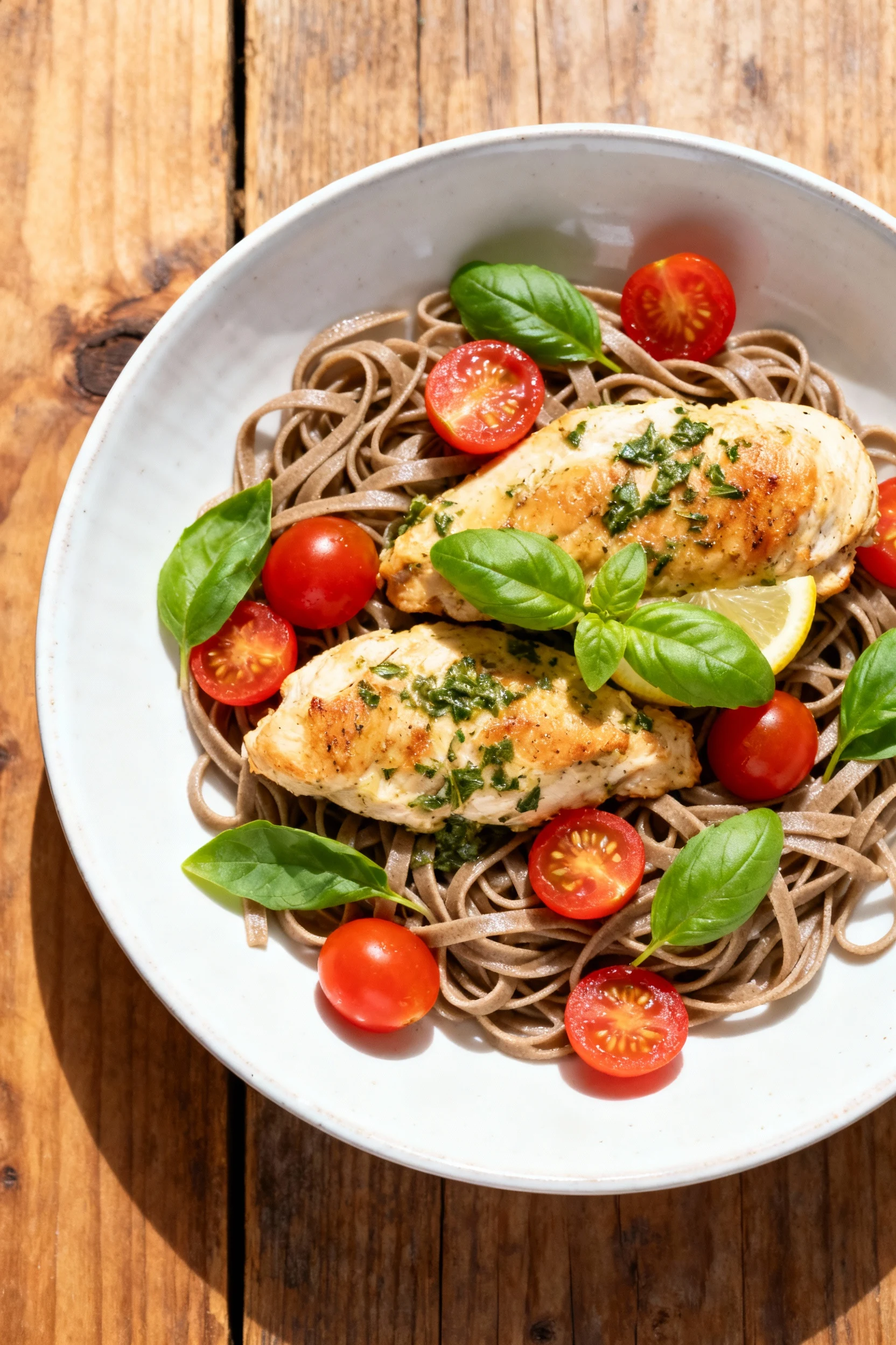 Overhead shot of whole grain pasta topped with juicy lemon-basil chicken and bursting tomatoes, garnished with fresh bas