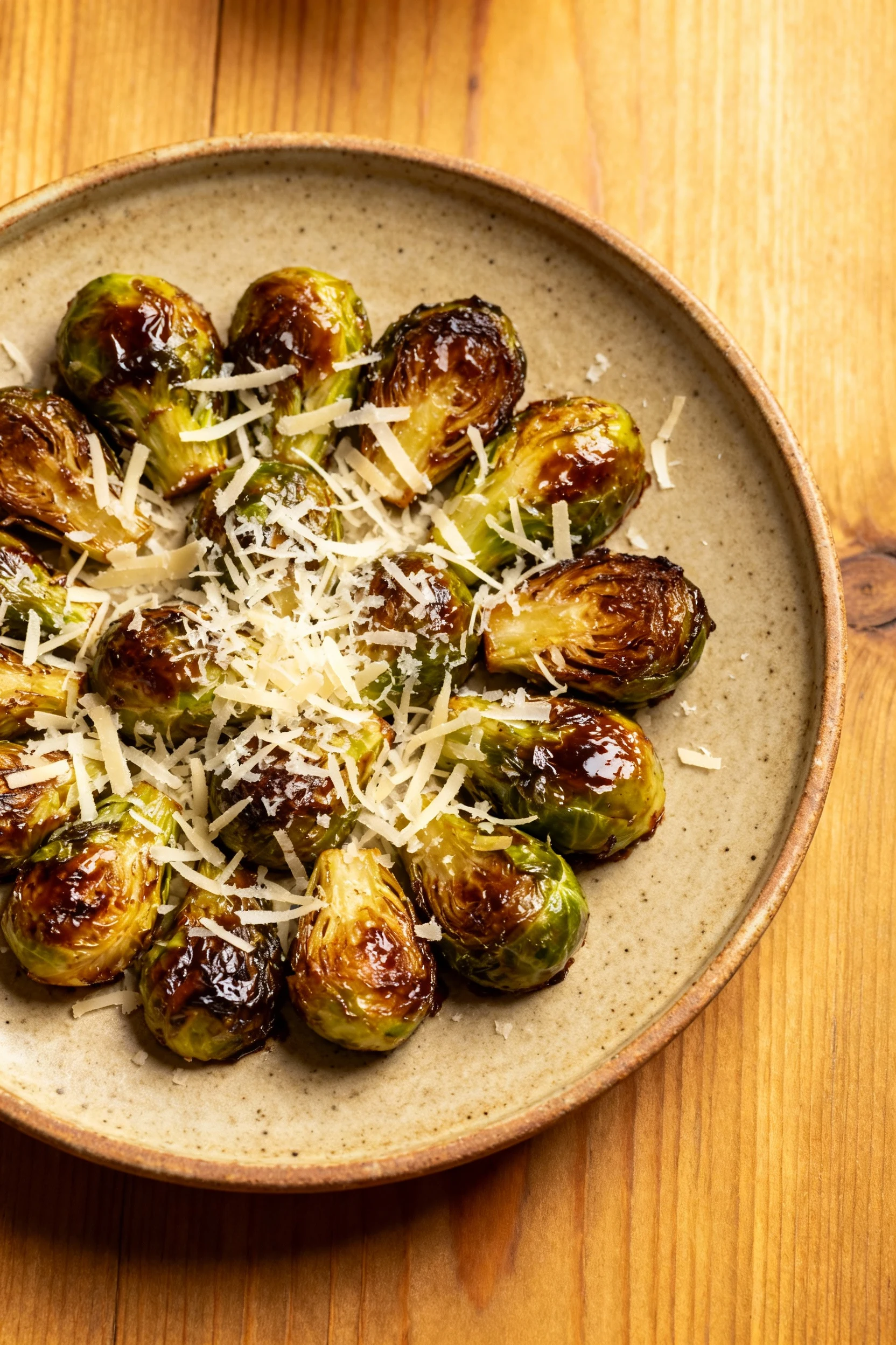 Overhead shot of a rustic serving platter filled with balsamic-glazed brussel sprouts topped with shredded parmesan, arr