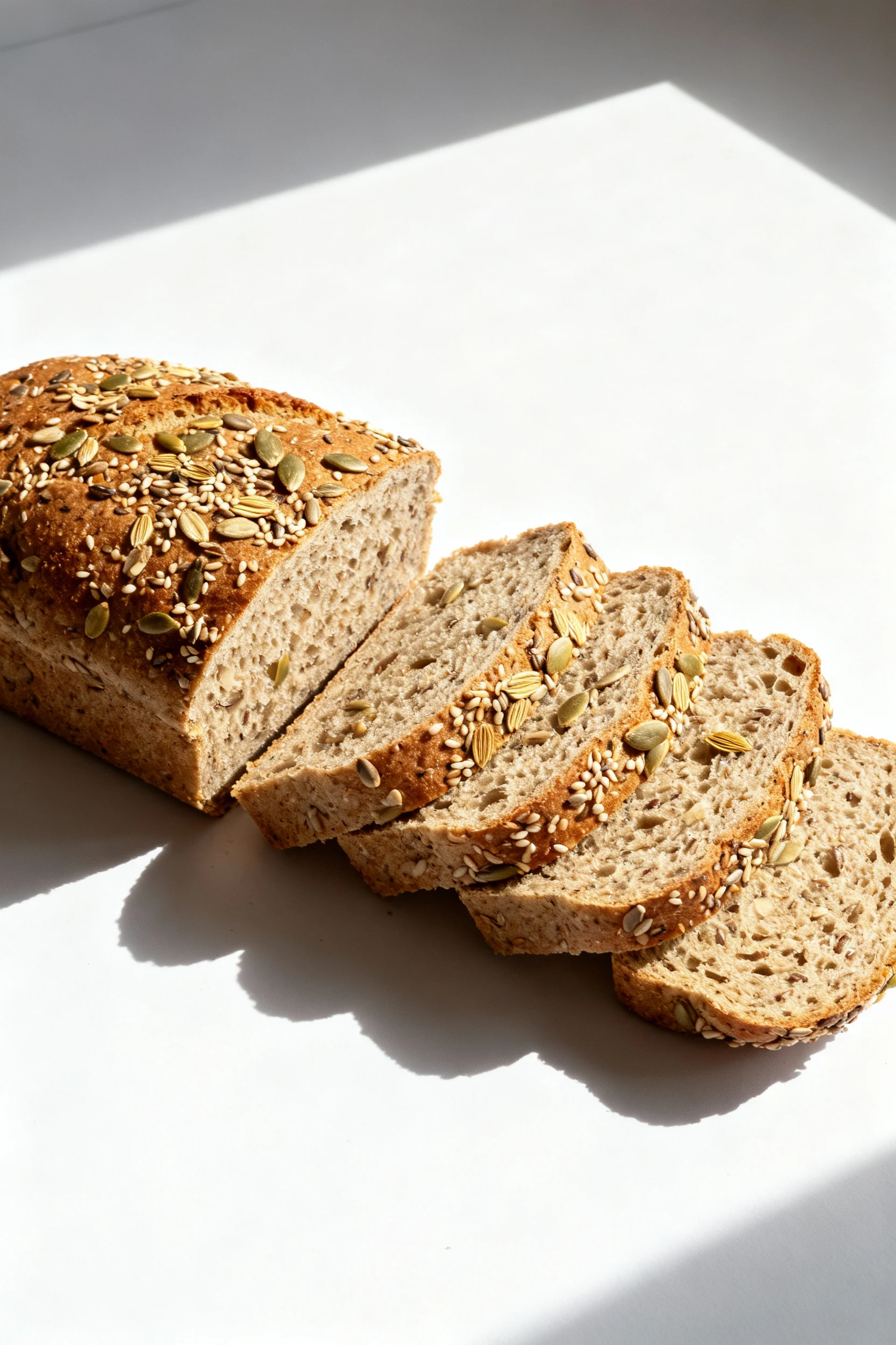 Overhead shot of a perfectly proofed seeded multigrain bread sliced on a clean white surface, showing uniform crumb text
