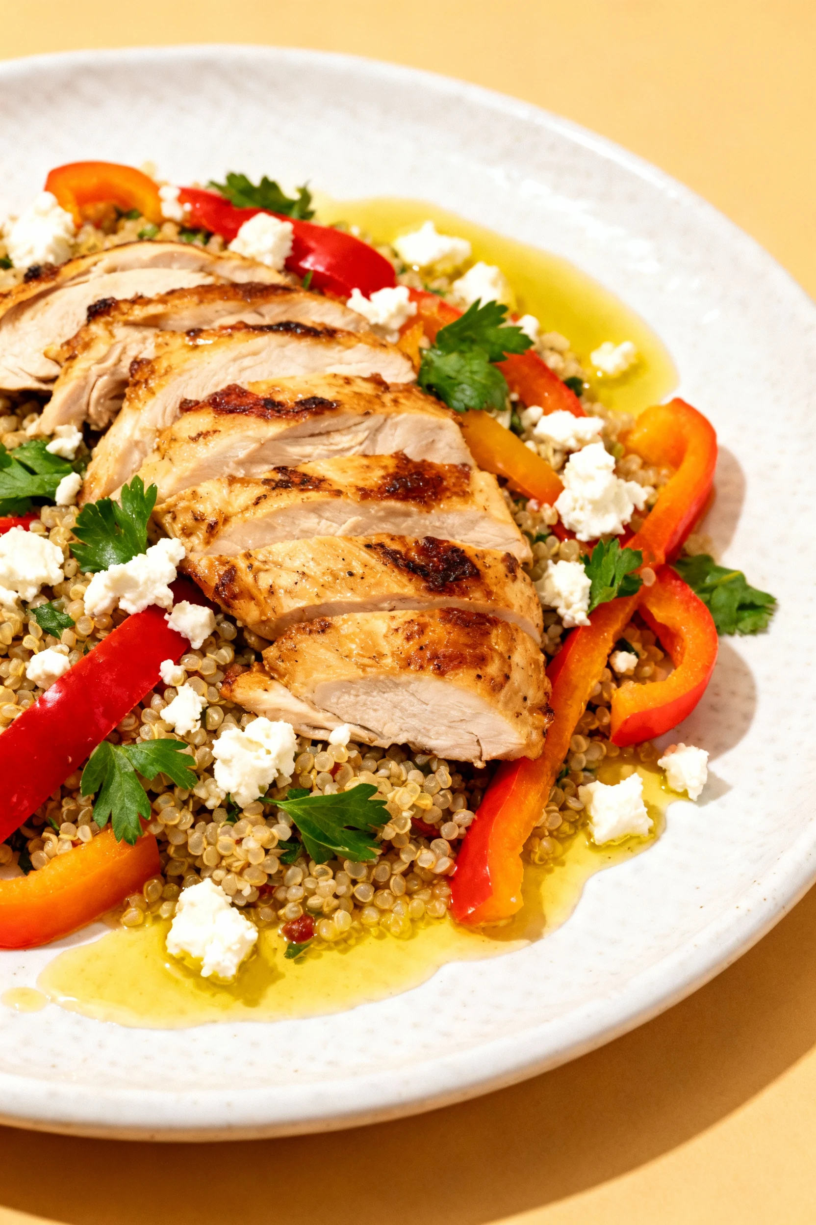 Beautifully plated rotisserie chicken quinoa salad with vibrant bell peppers, fresh parsley, and crumbled feta on a whit