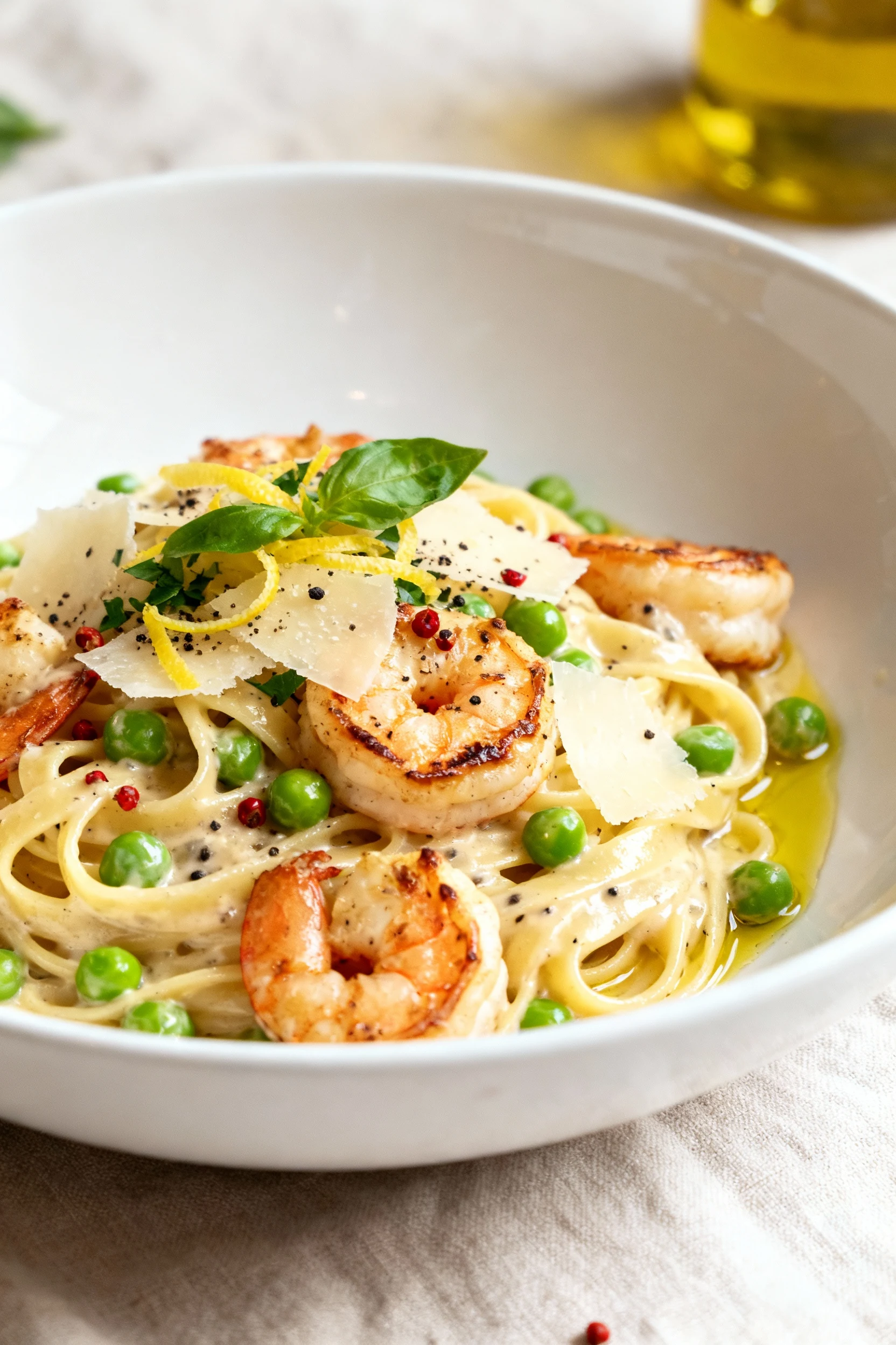 Beautifully plated creamy cottage cheese linguine with peas and grilled shrimp, glossy sauce clinging to strands, topped