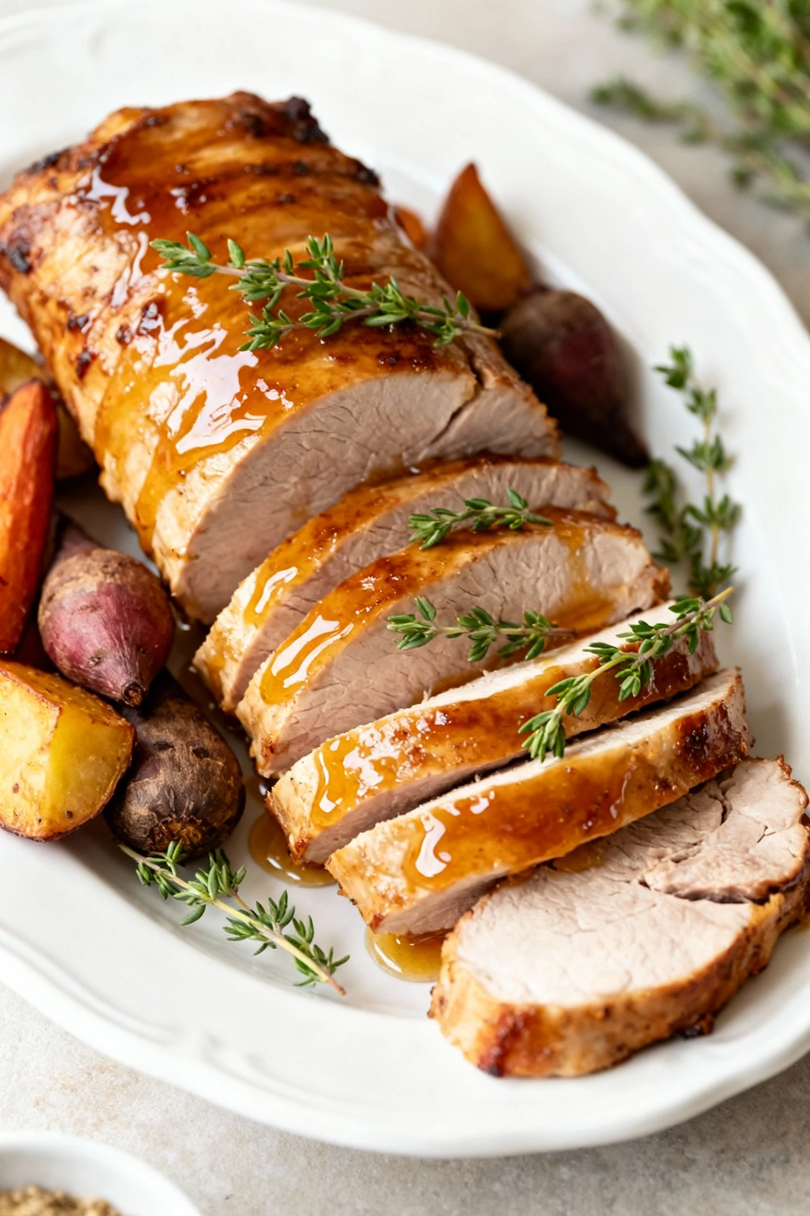 Overhead shot of sliced roasted pork tenderloin fanned out on a white ceramic platter, brushed with glossy honey glaze, 