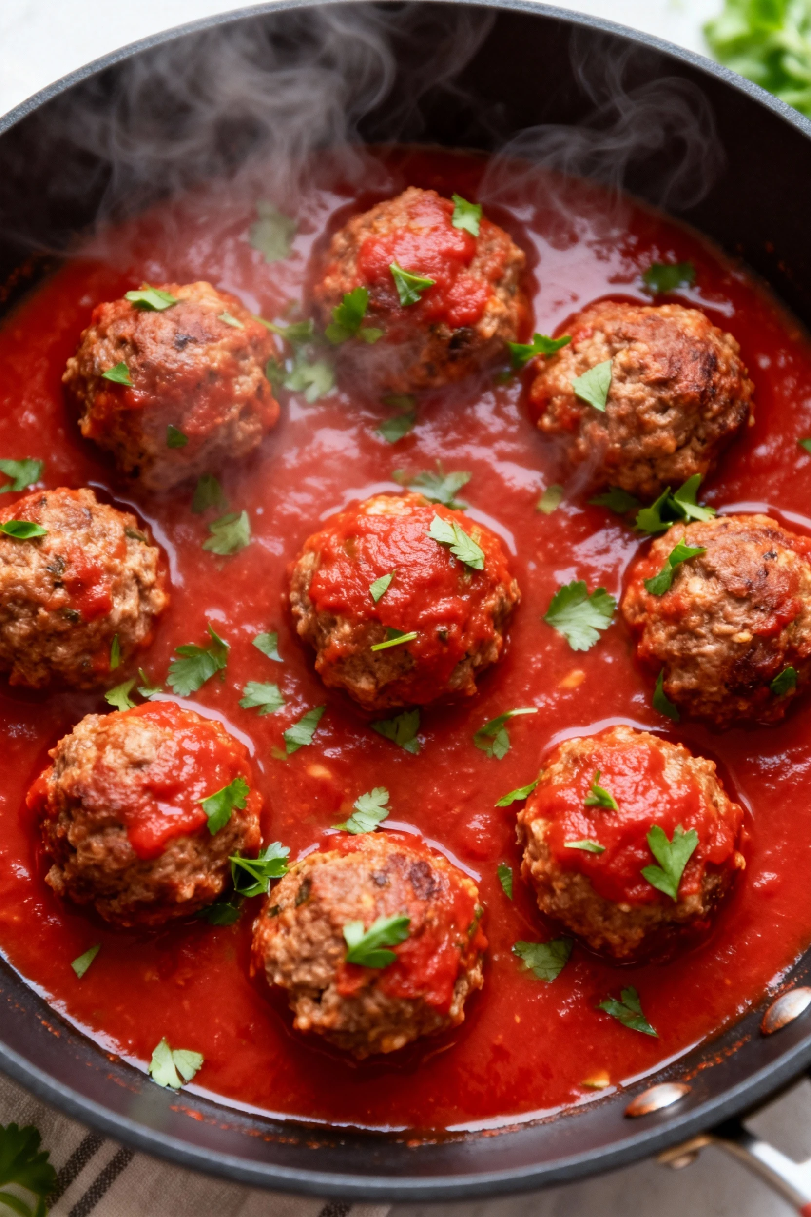 Overhead shot of steaming meatballs simmering in a rich tomato sauce, vibrant red hue with specks of green herbs, evenly