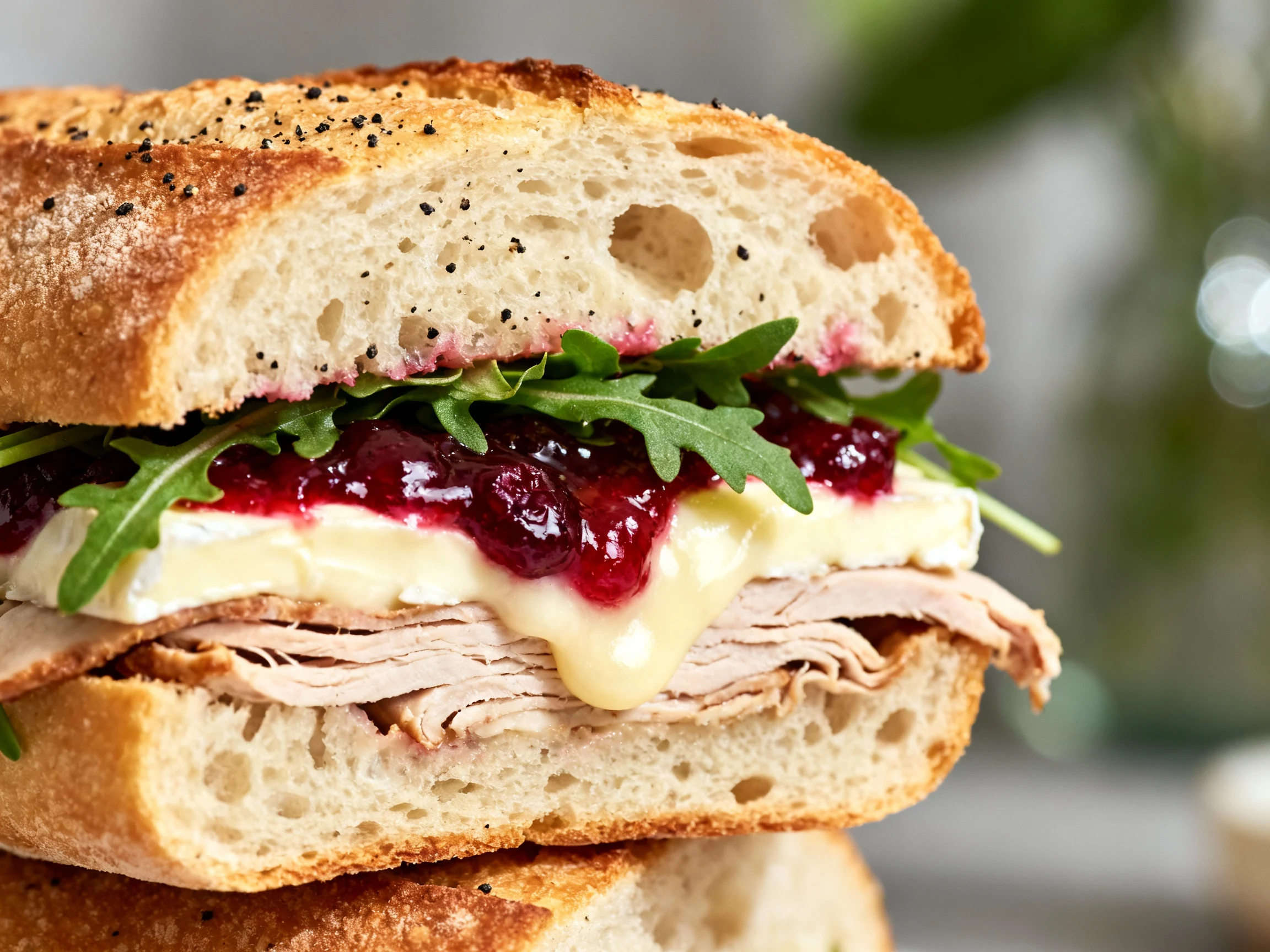 Food photography, Close-up detail: Cranberry brie turkey sandwich cross-section on toasted ciabatta, creamy brie melting
