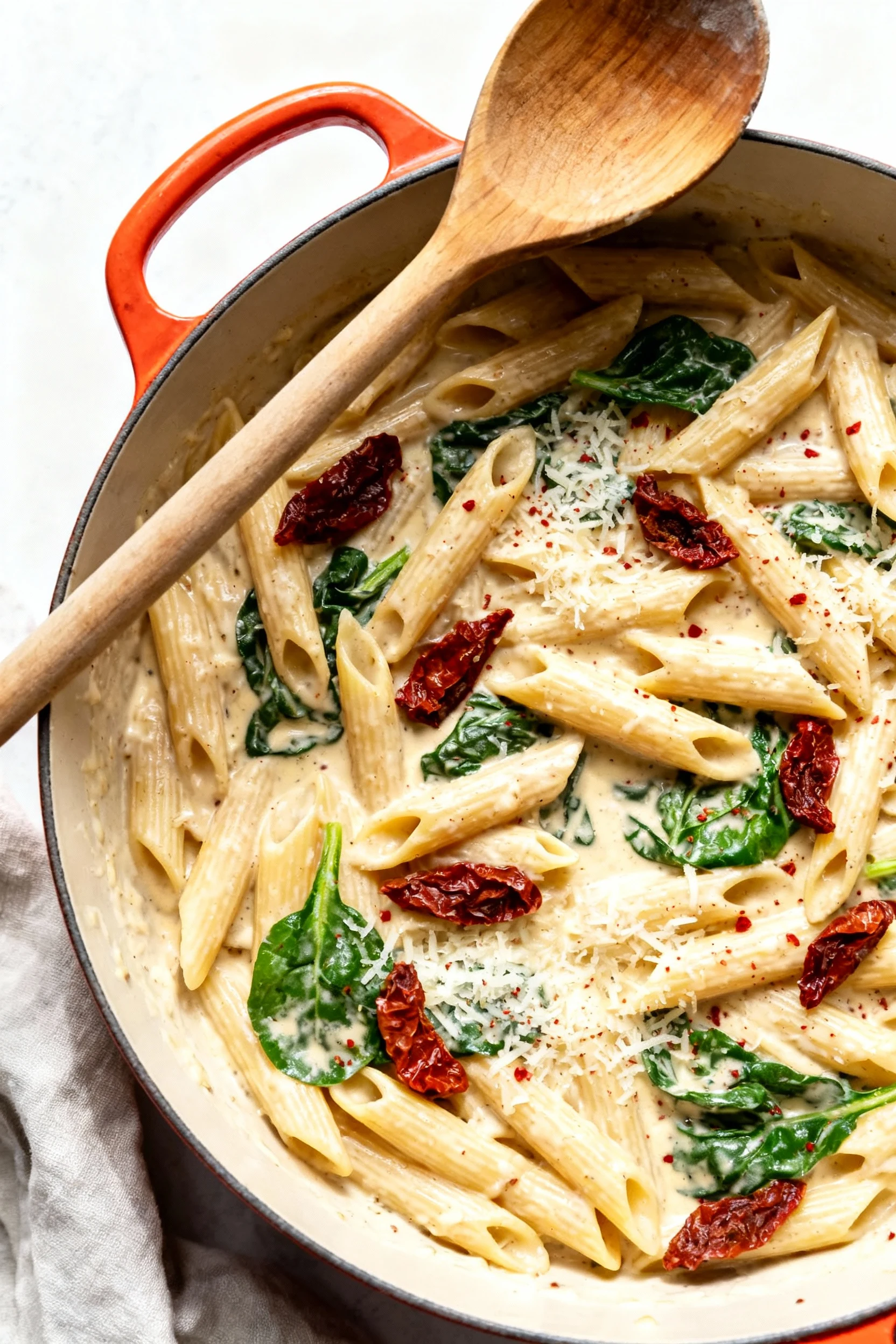 Overhead shot in the pot: penne in silky Parmesan sauce studded with sun-dried tomatoes and emerald spinach, light sprin