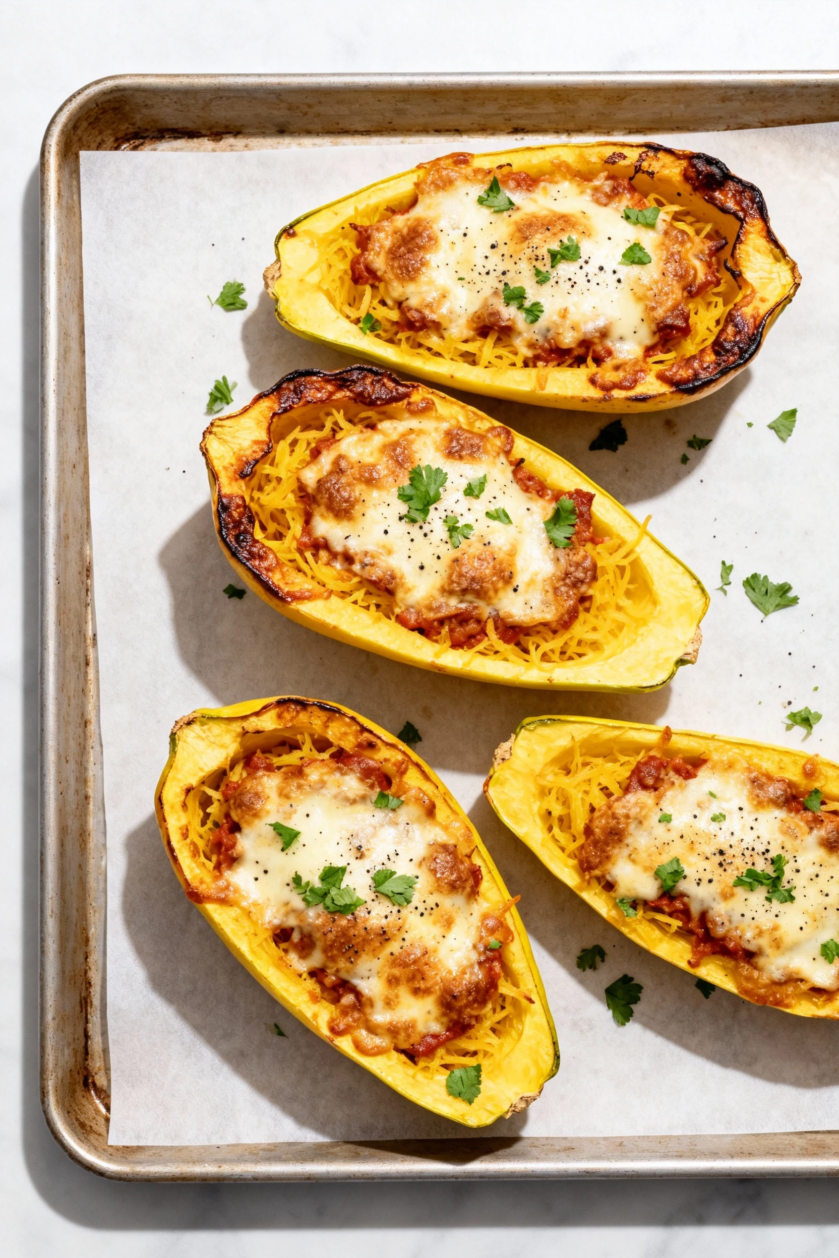 Tasty top view: broiled spaghetti squash boats with bubbly, browned mozzarella and caramelized shell edges, flecked with