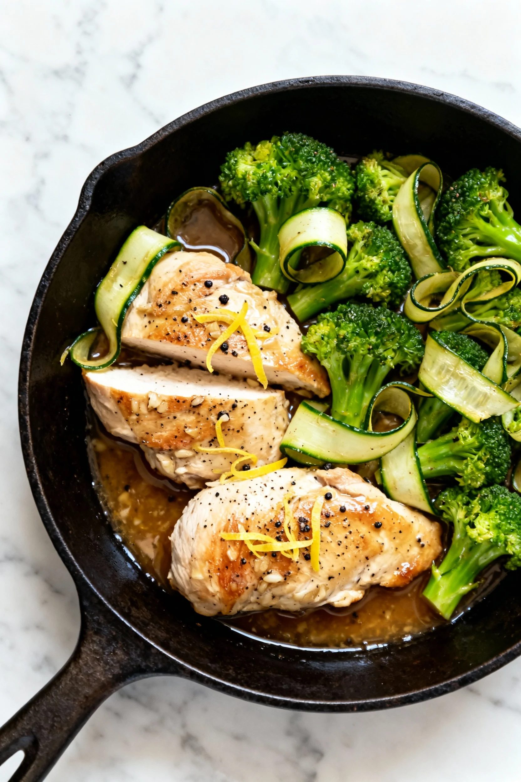 Overhead shot: one-pan garlic butter chicken with bright green crisp-tender broccoli florets and just-wilted zucchini ri