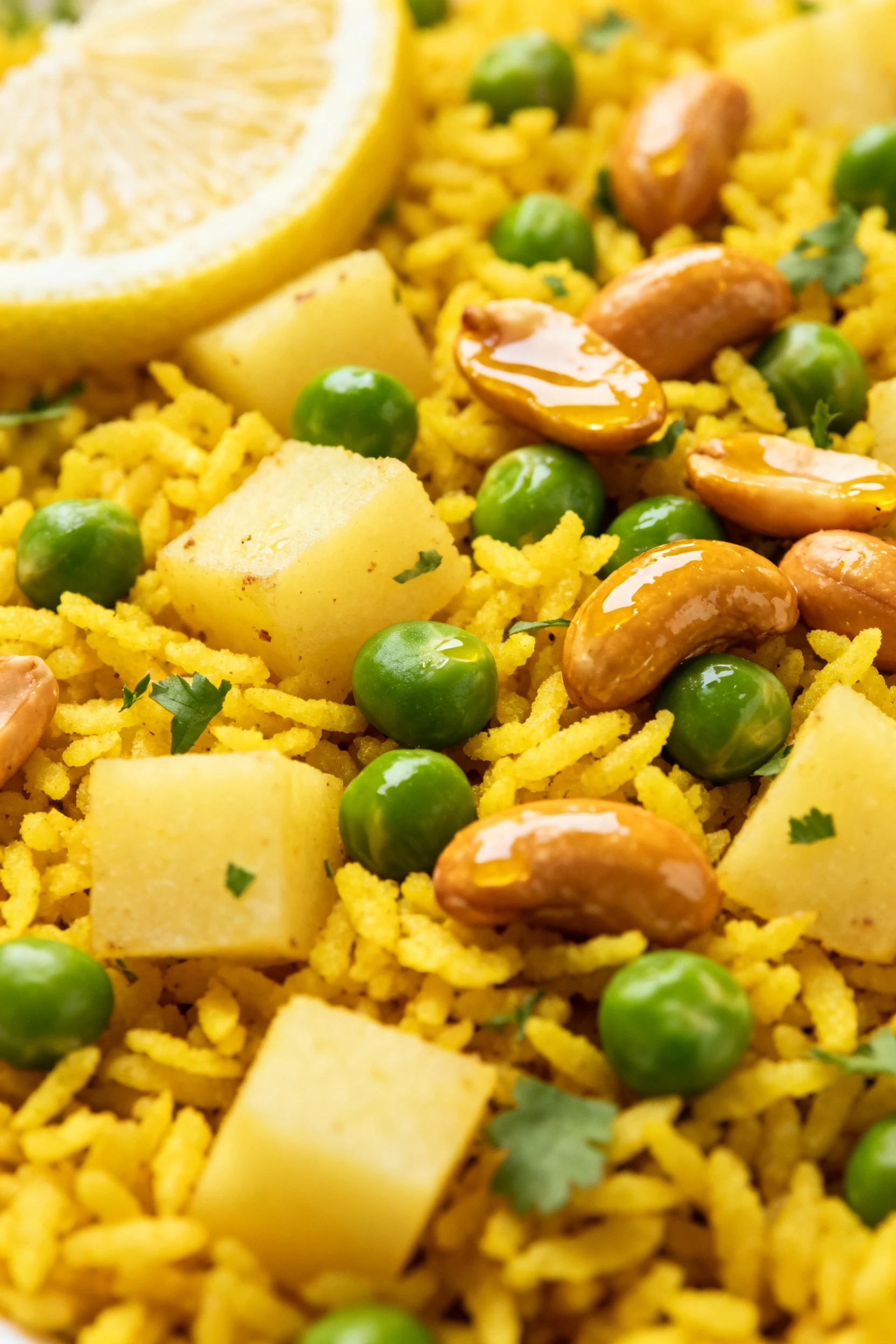 Close-up detail: fluffy, turmeric-yellow poha with distinct separate flakes, tender potato cubes, bright green peas, and