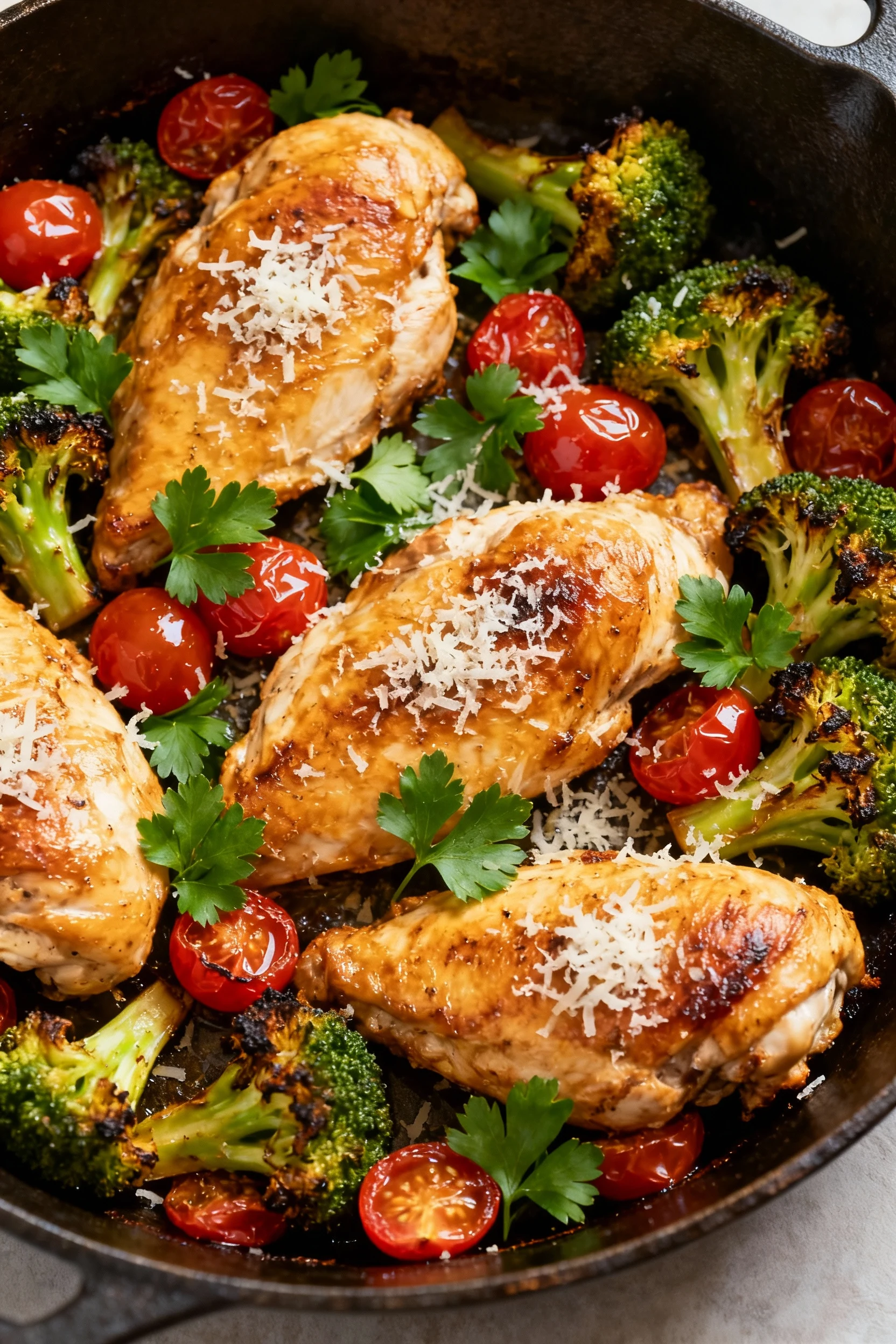 Overhead shot of the baked chicken, broccoli, and cherry tomatoes in an oven-safe skillet straight from the oven, sprink