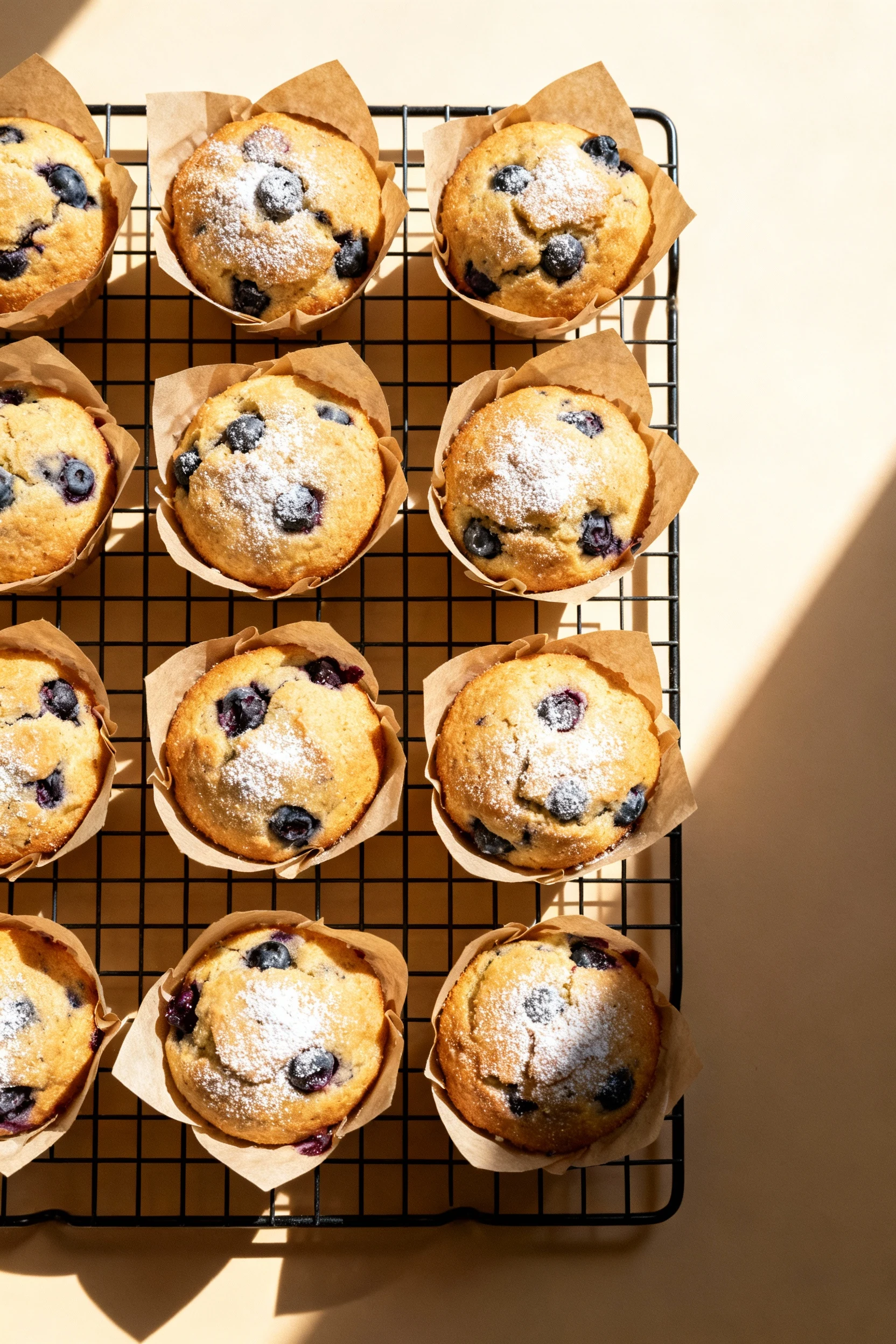 2. Overhead shot of a cooling rack filled with neatly lined, paper-wrapped blueberry muffins, warm tones, clean composit