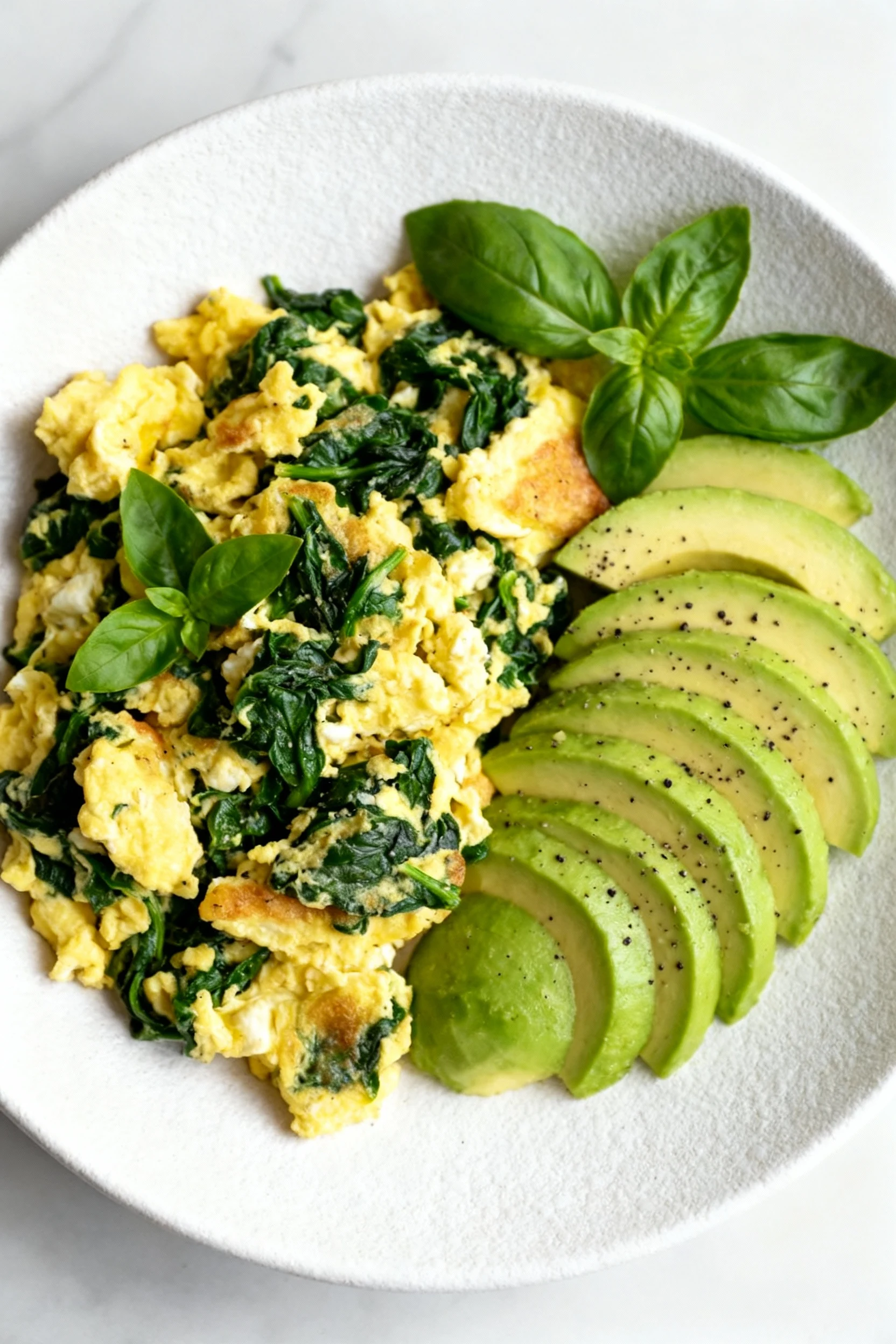 Overhead shot of the finished keto spinach-and-egg scramble served on a matte white plate, garnished with fresh basil le
