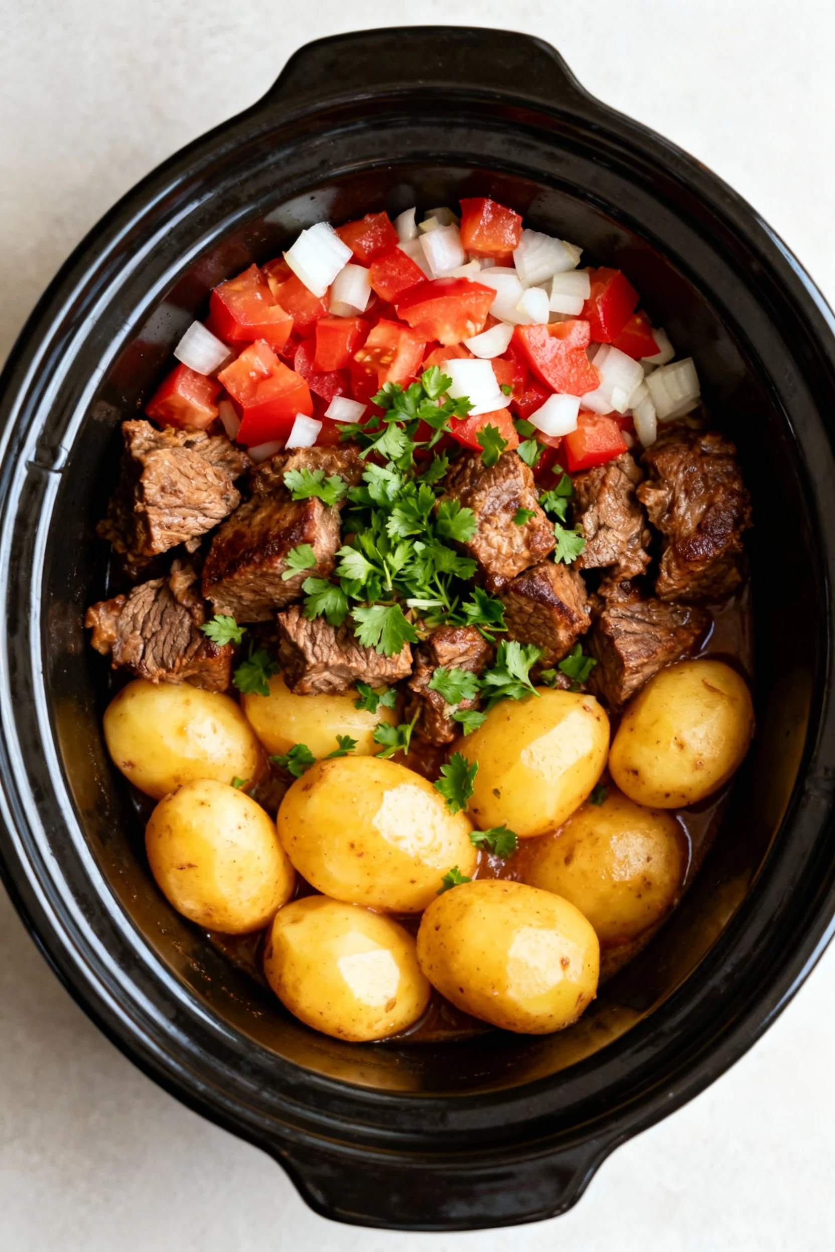 2. Overhead shot of slow cooker filled with fully cooked stew layers — golden potatoes at the bottom, juicy browned meat
