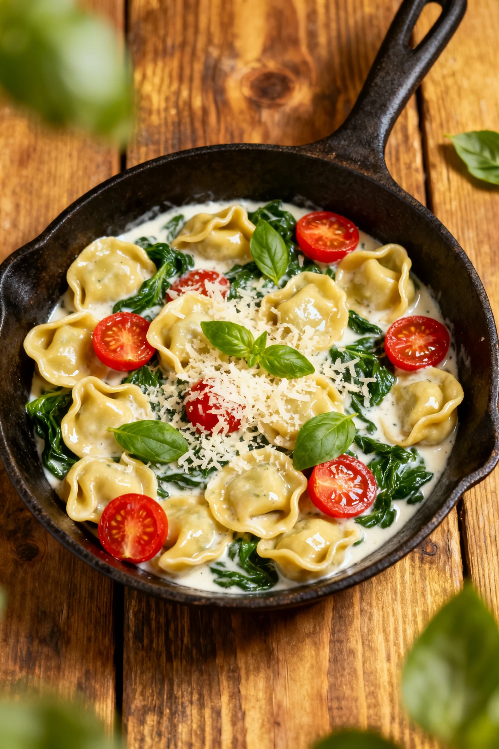 Overhead shot of a skillet filled with tortellini in cream sauce, spinach, and cherry tomatoes, garnished with grated Pa