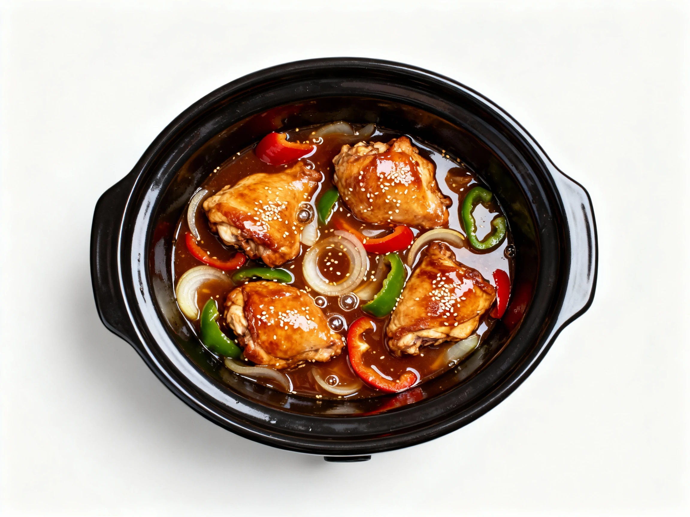 Food photography, Top-down shot of the slow cooker at the finish: tender chicken thighs nestled in a glossy cornstarch-t