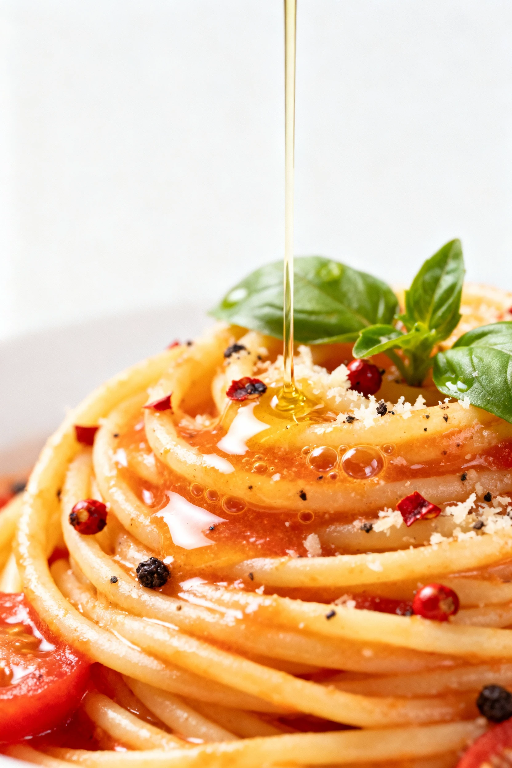 Close-up detail: macro of spaghetti coated in a tomato-butter-Parmesan emulsion, glossy sheen with tiny bubbles, red pep
