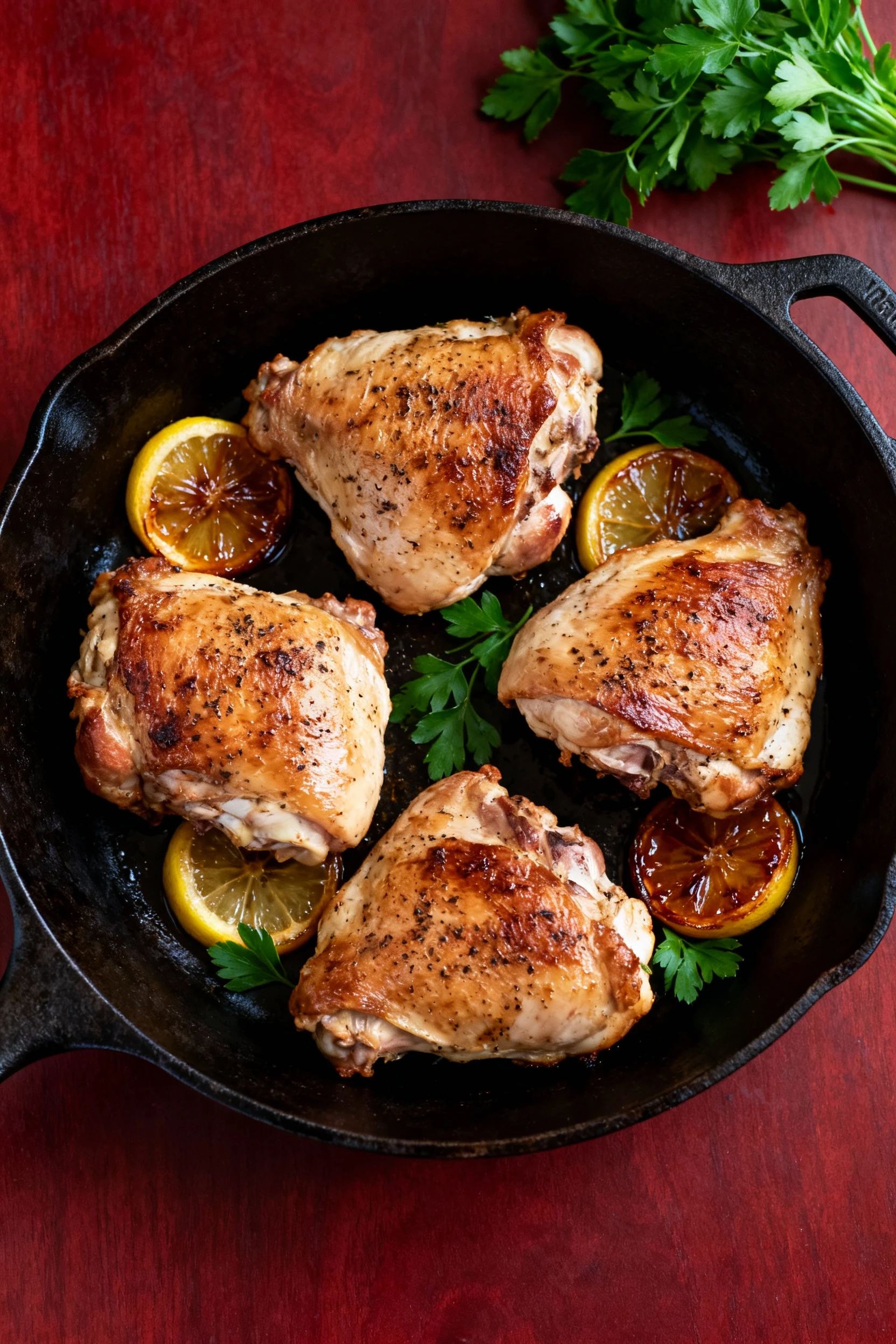 Overhead shot of a cast-iron skillet showing four seasoned chicken thighs arranged skin-side up, roasted alongside caram