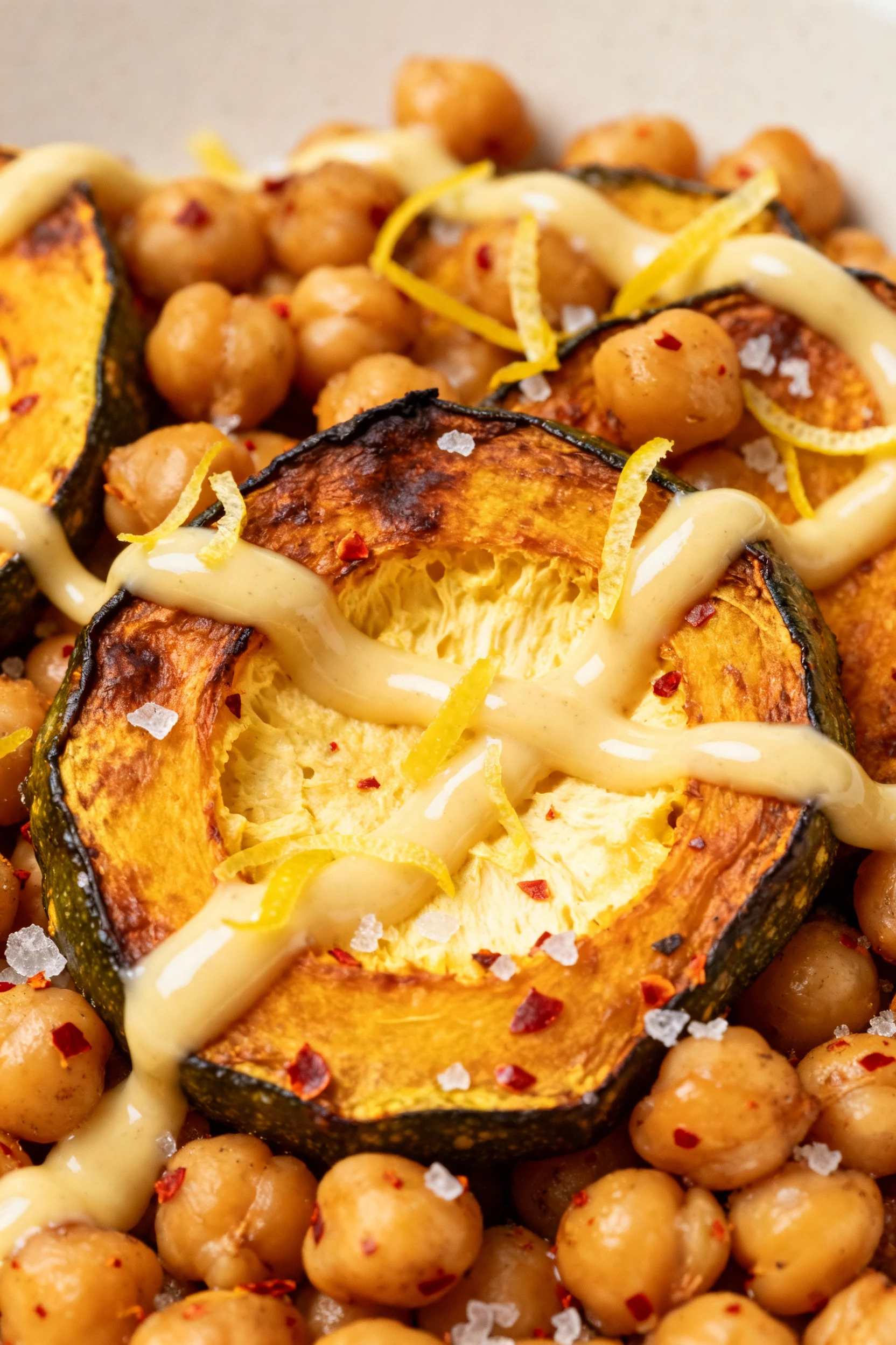 Close-up macro of roasted squash with crisp, browned edges and custardy centers nestled among blistered chickpeas, speck
