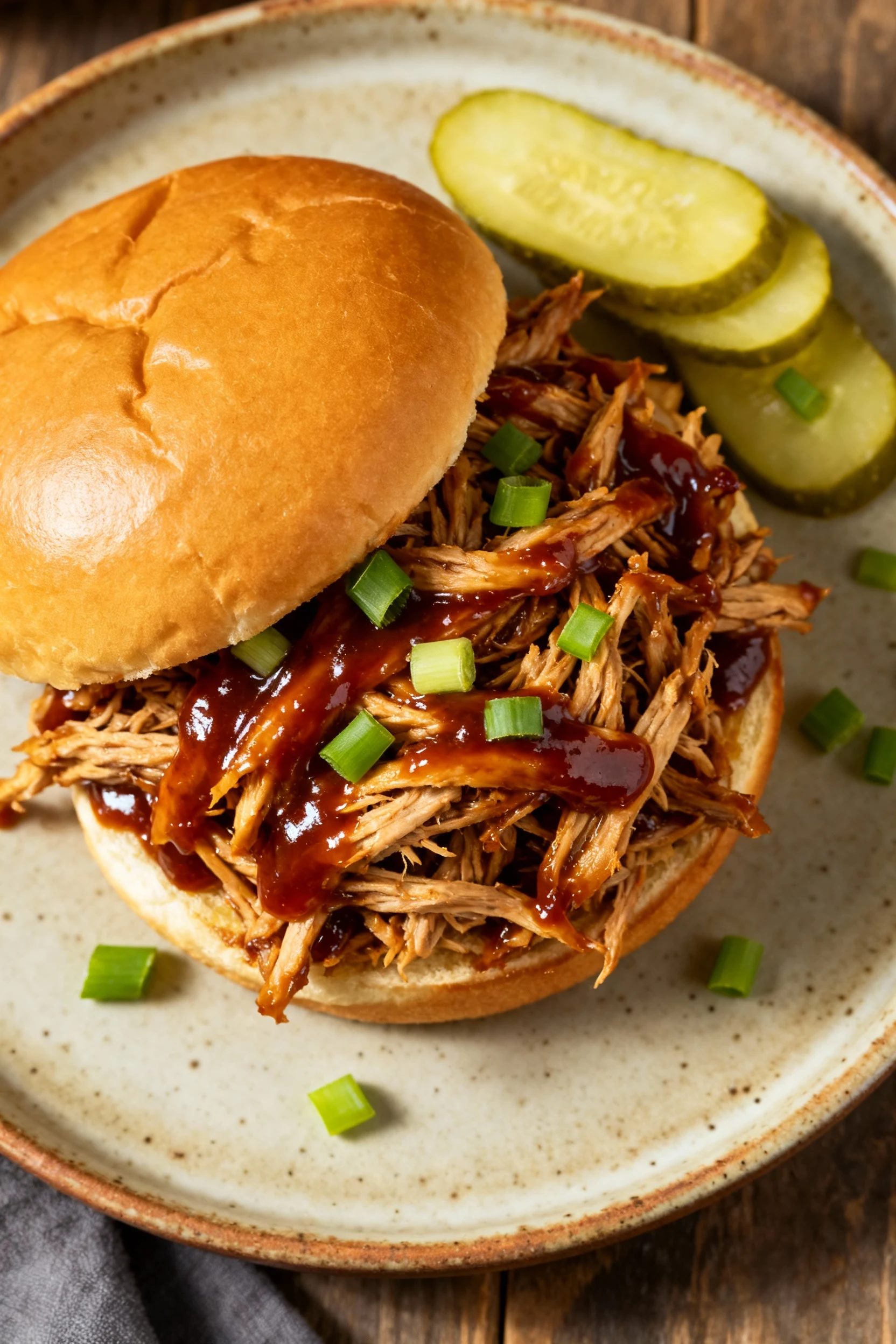 Overhead shot of BBQ-style shredded chicken piled high on a toasted brioche bun, glossy barbecue sauce coating each stra