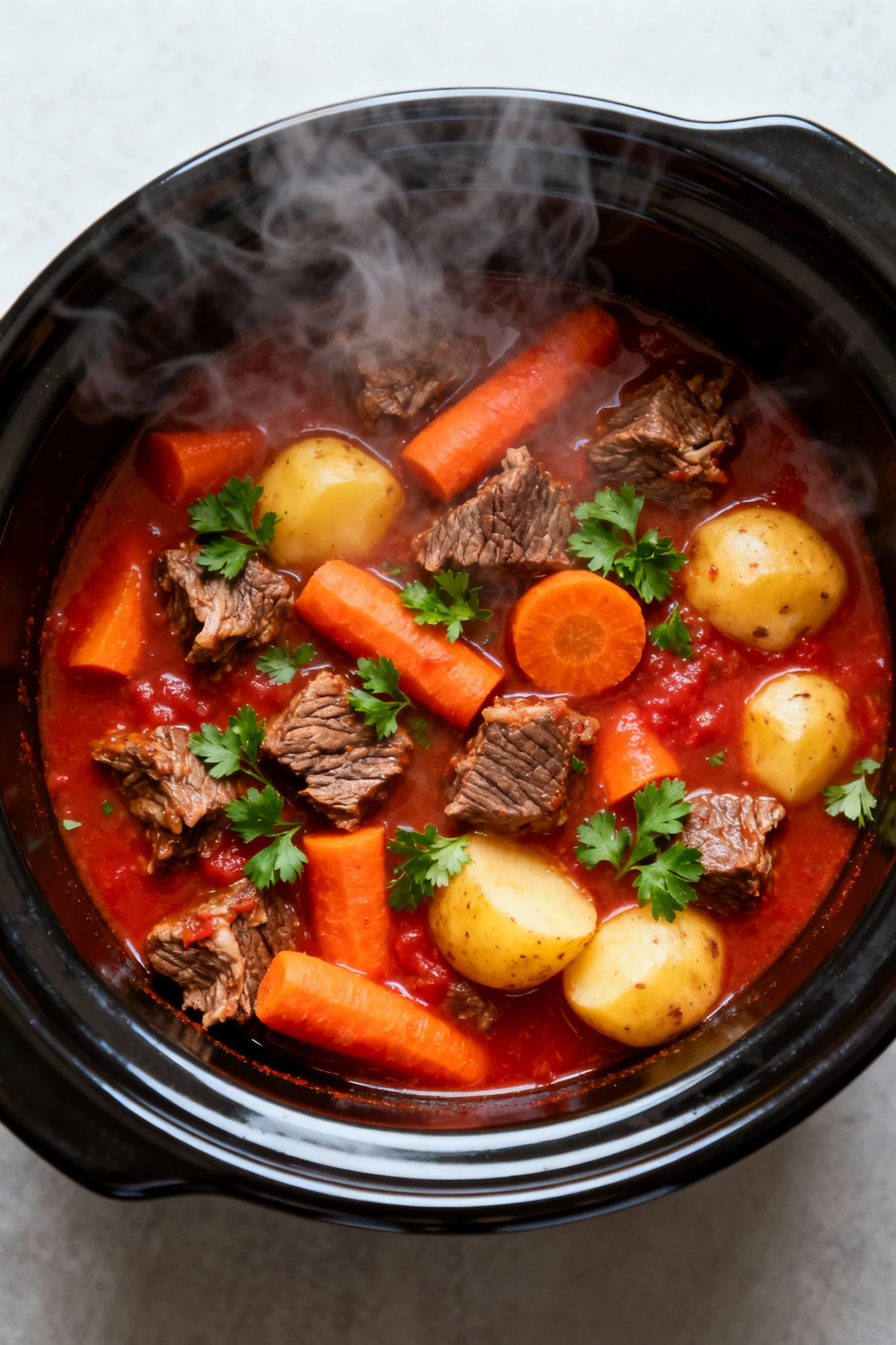 Overhead shot of a steaming crock pot filled with fully cooked stew, showing chunks of beef, vibrant orange carrots, gol