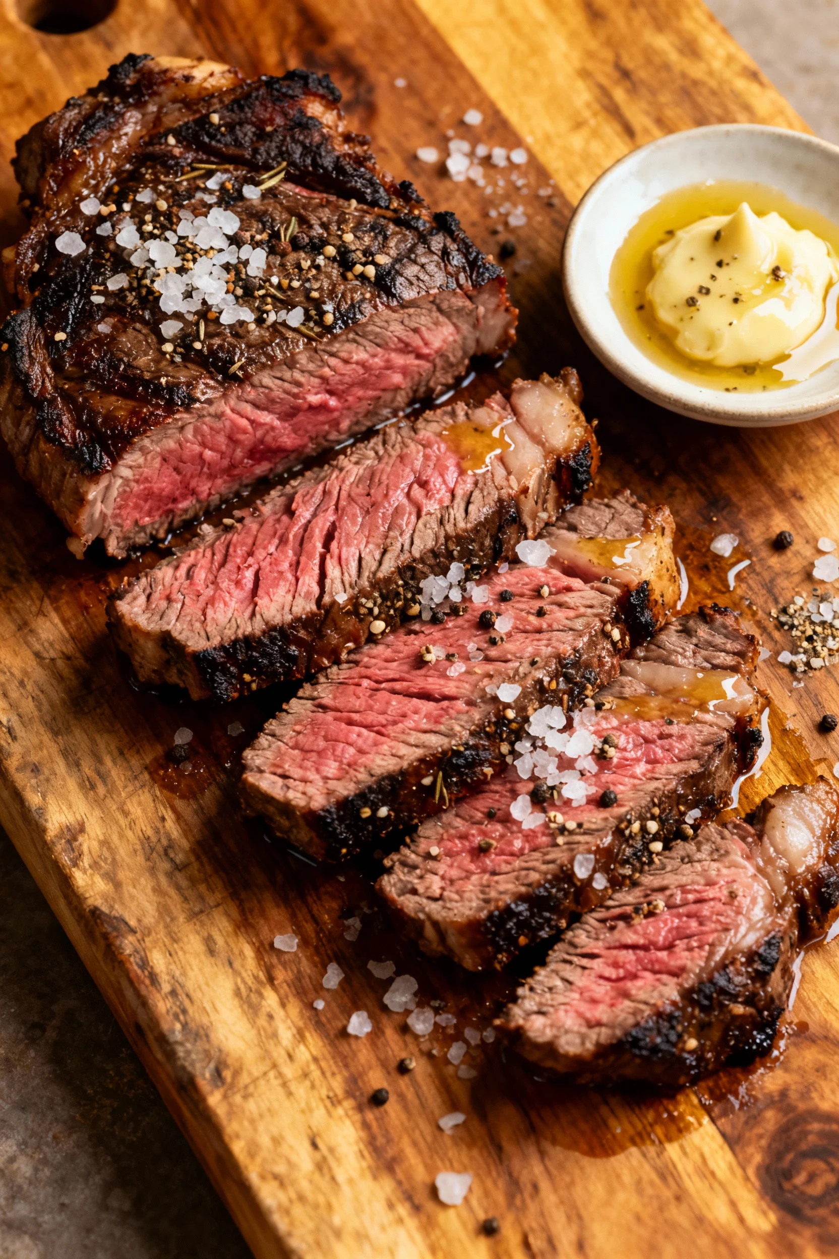 Overhead shot of sliced medium-rare sirloin steak on a rustic wooden board, juicy pink interior contrasted with charred 