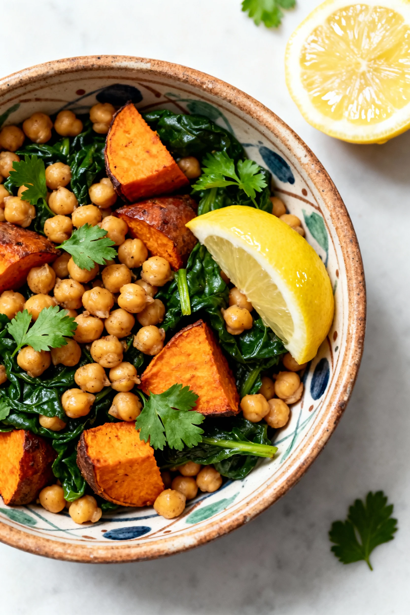 Overhead shot of the finished vegan chickpea, spinach, and roasted sweet potato dish in a rustic ceramic bowl, garnished