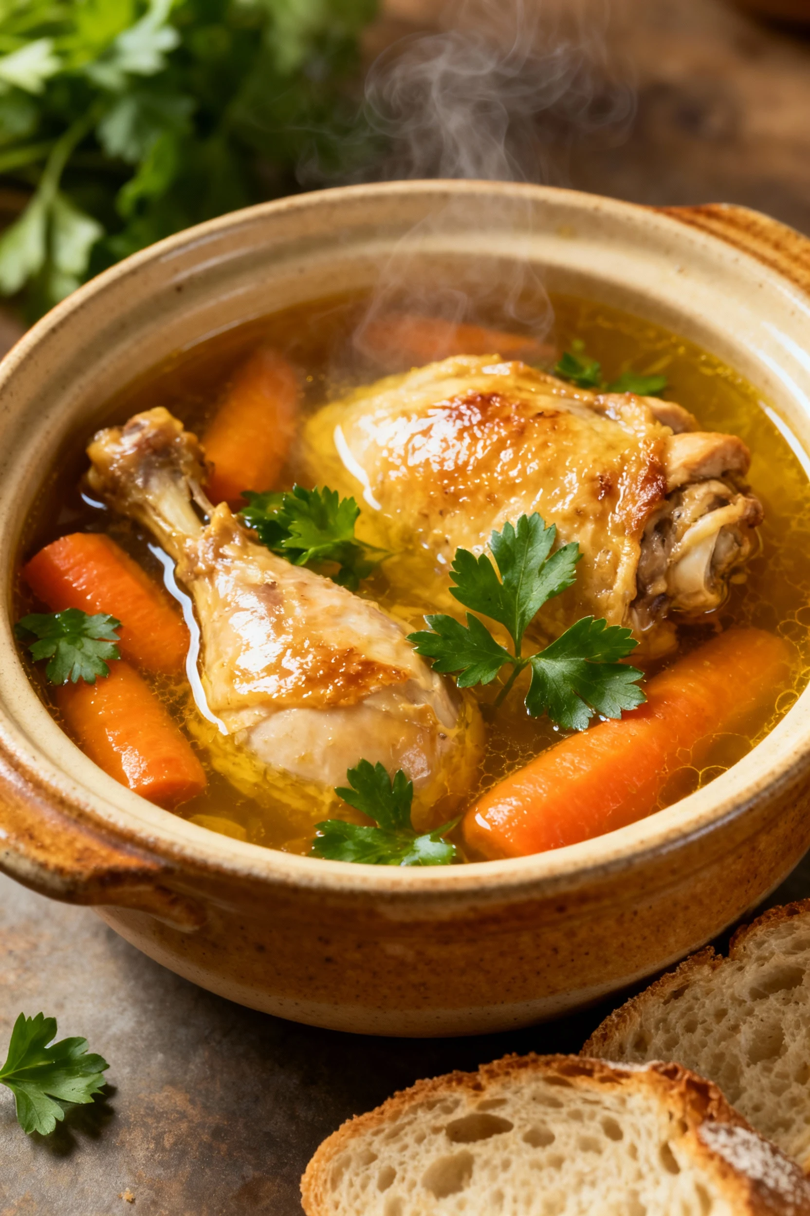 Overhead shot of rustic ceramic bowl filled with slow-cooked chicken, carrots, and aromatic broth, garnished with fresh 