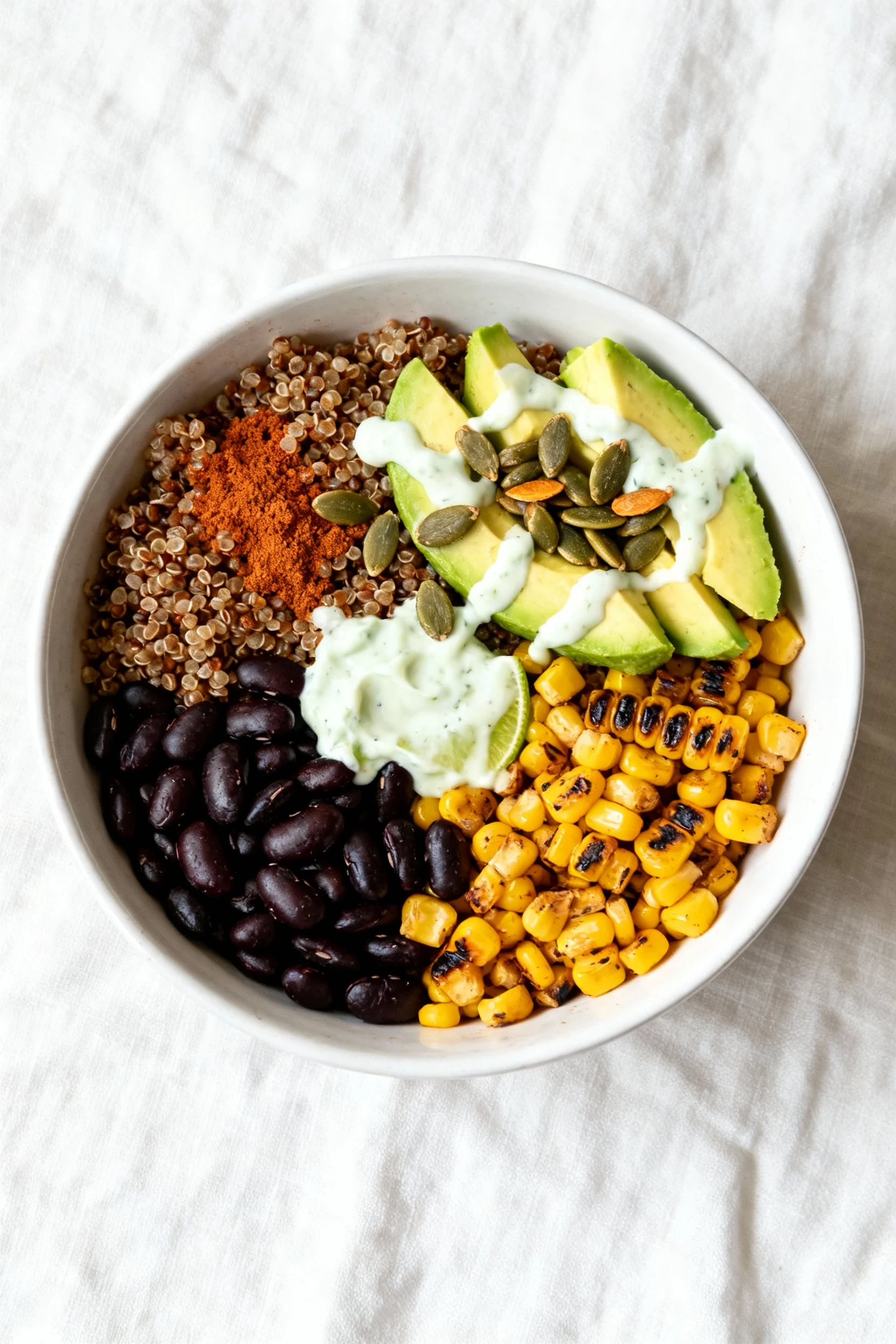 2. Overhead Southwest quinoa bowl: cumin‑paprika quinoa with warm black beans, charred corn, avocado, toasted pumpkin se