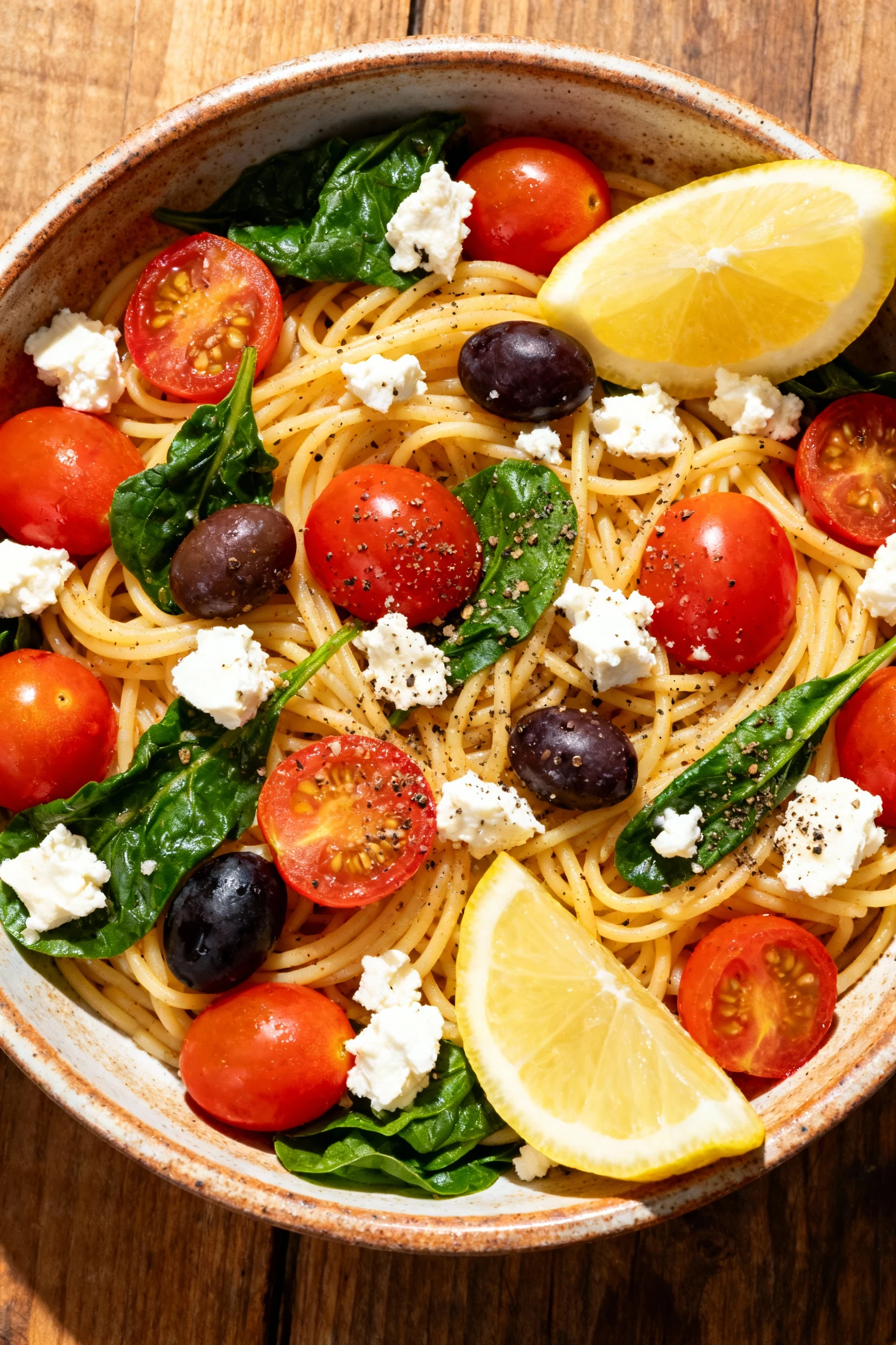Overhead shot of a vibrant Mediterranean-inspired pasta bowl with cherry tomatoes, spinach, olives, and crumbled feta, g