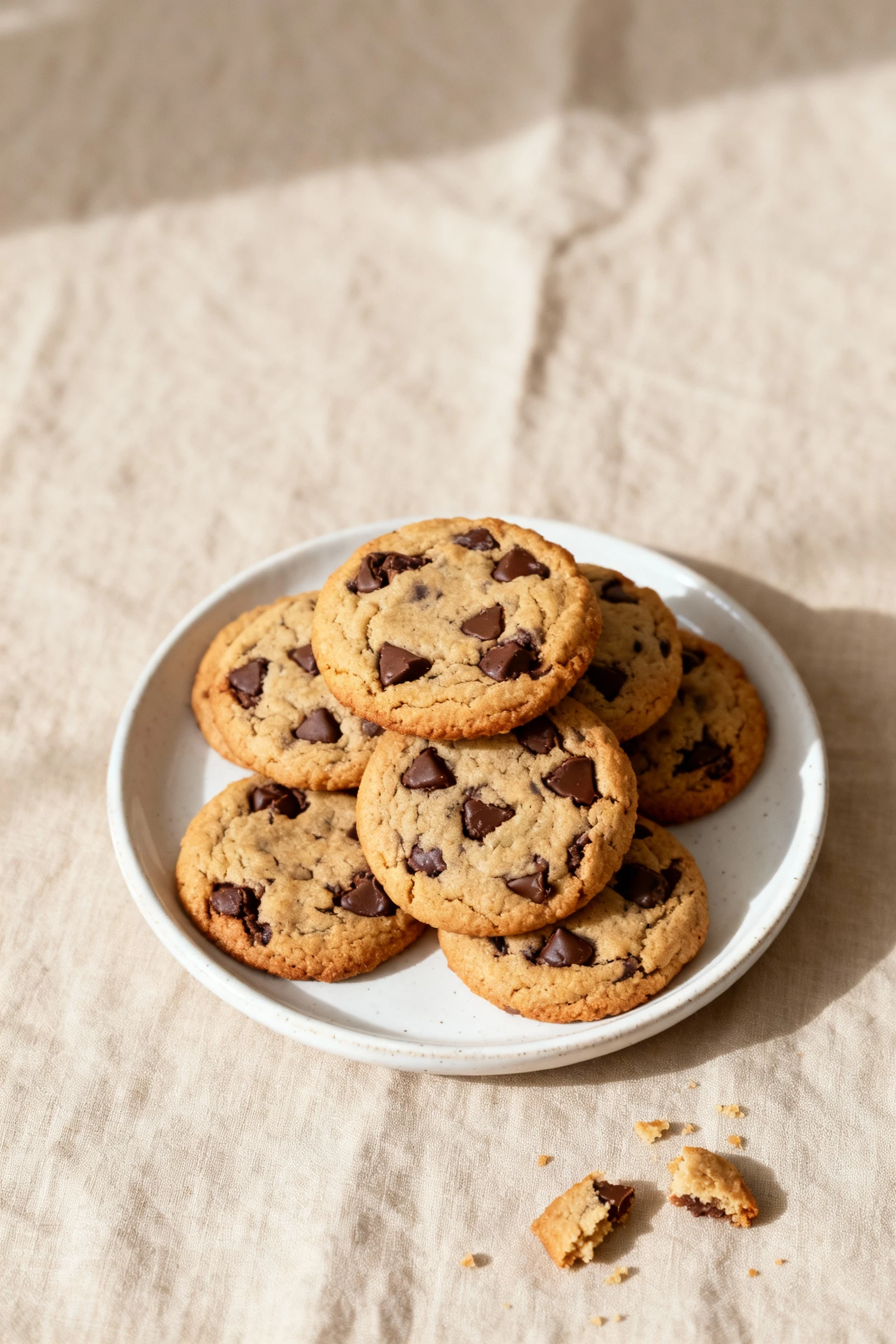 Overhead shot of a plate stacked with chewy chocolate chip cookies arranged neatly on a white ceramic plate, a few crumb