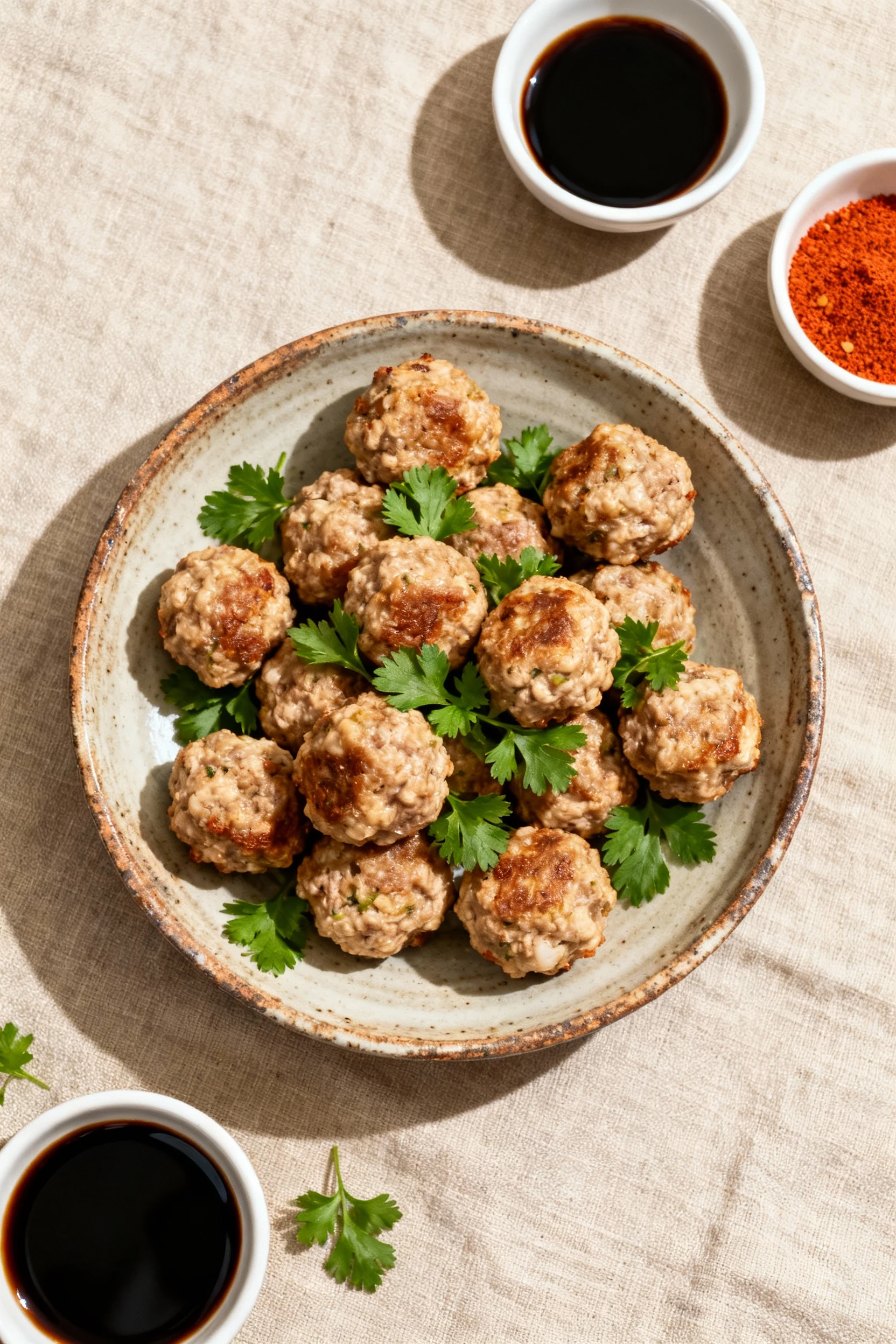 2. Overhead shot of a rustic plate holding bite-sized ground chicken meatballs, garnished with fresh parsley, surrounded