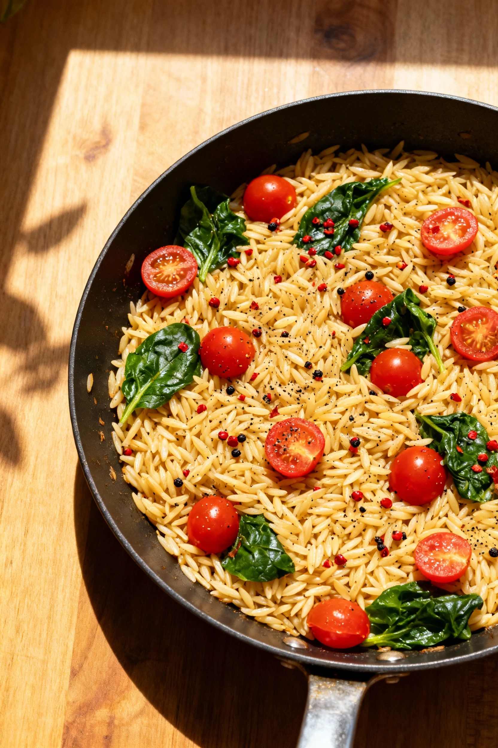 Overhead shot of a skillet filled with freshly cooked orzo, vibrant red cherry tomatoes and deep green spinach visible a