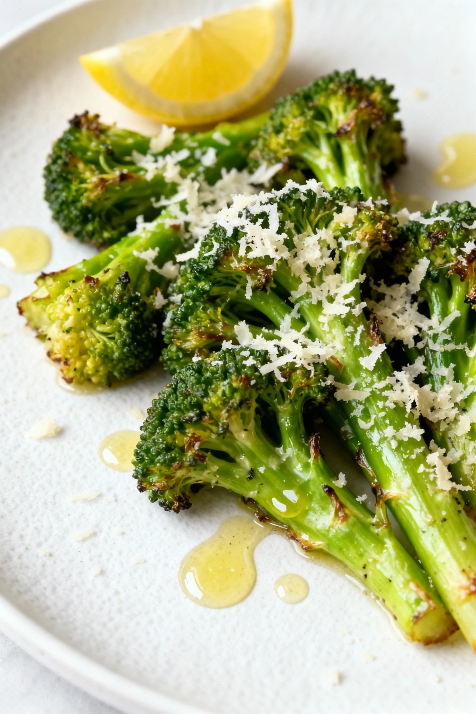 Beautifully plated roasted broccoli drizzled with fresh lemon juice and dusted with Parmesan cheese, arranged neatly on 