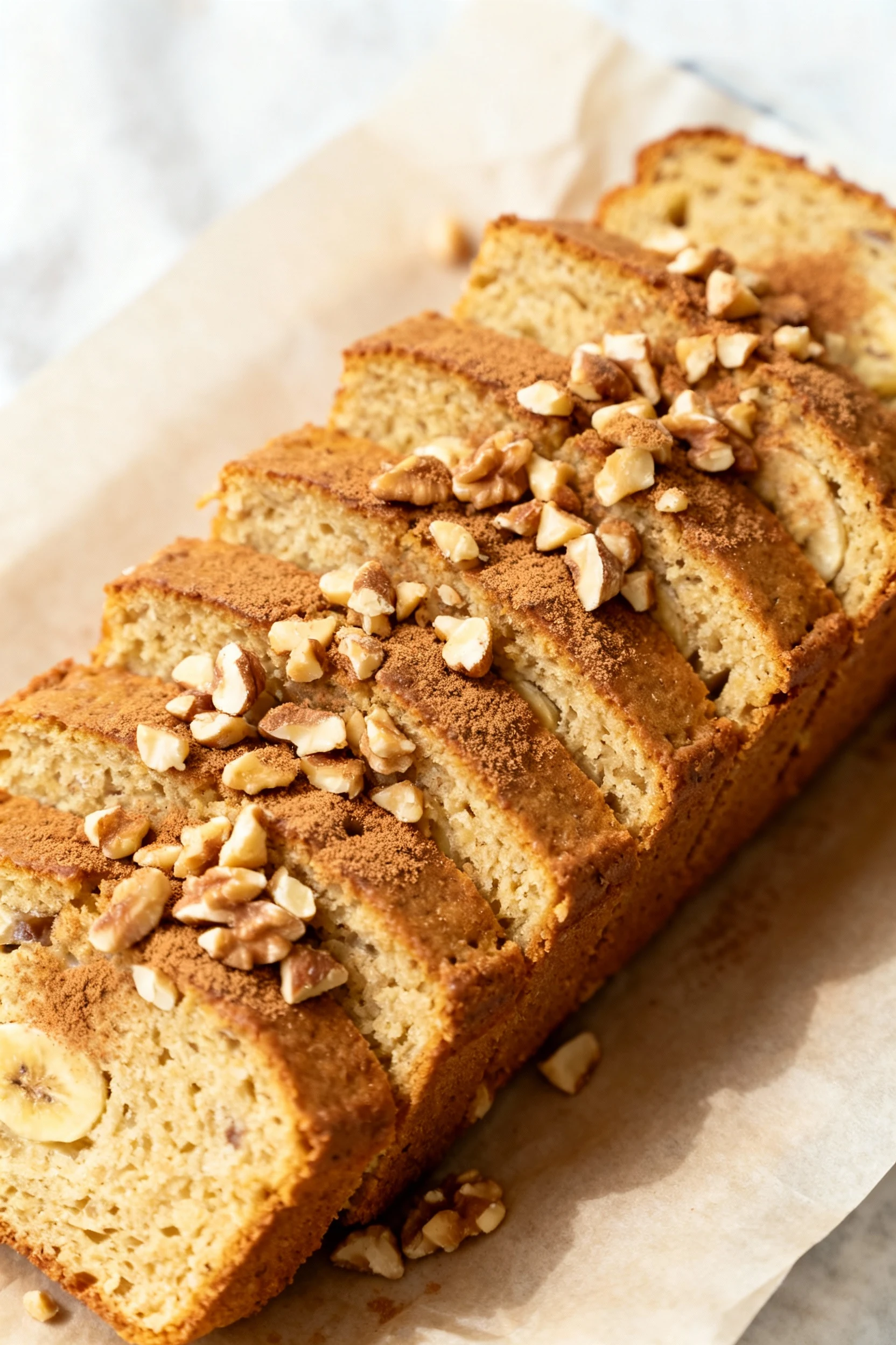Overhead shot of a loaf of banana bread sliced into even pieces, each topped with a sprinkle of chopped walnuts and ligh
