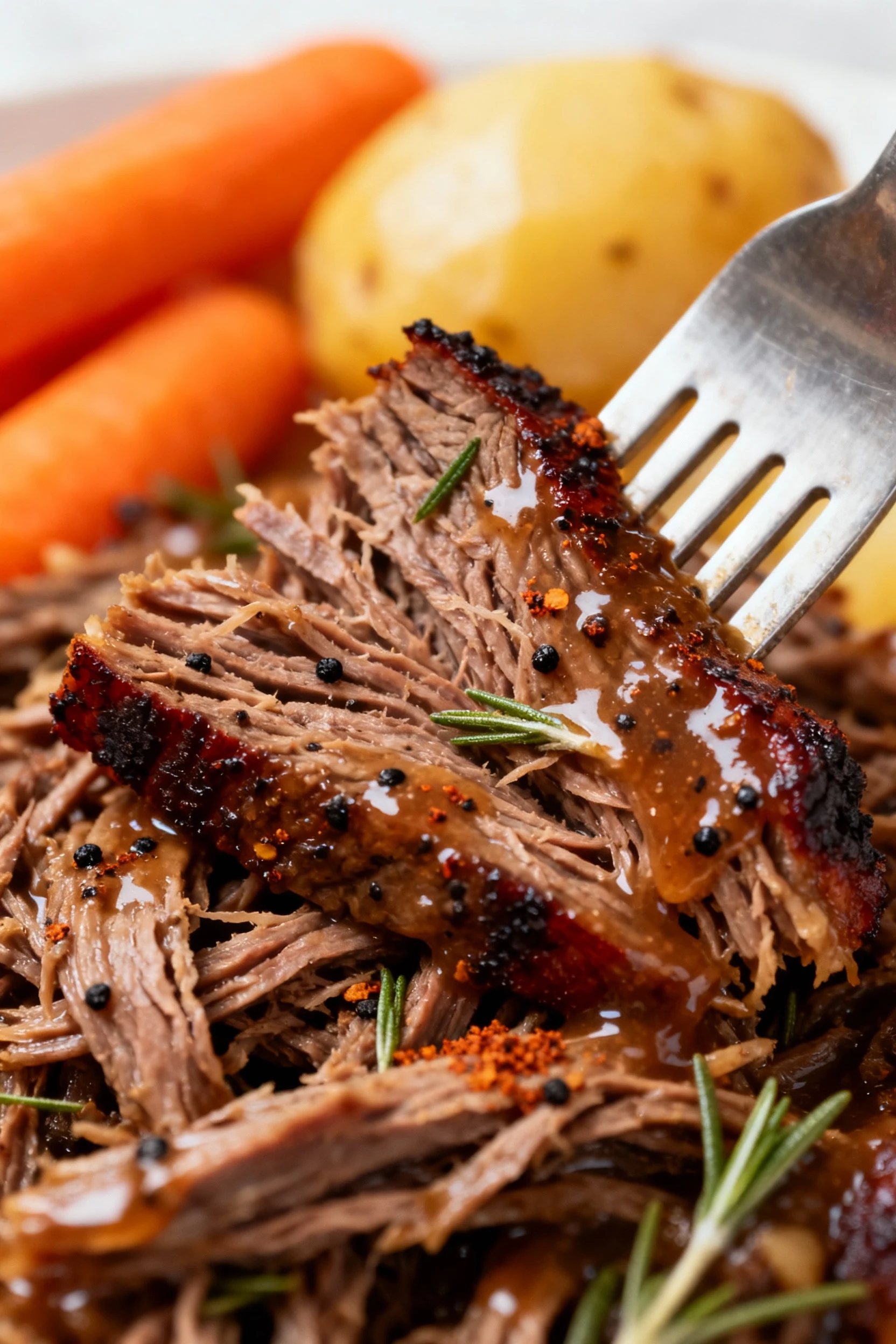 Close-up detail: Macro of fork-tender shredded chuck roast with a mahogany seared edge and glossy beef gravy clinging to