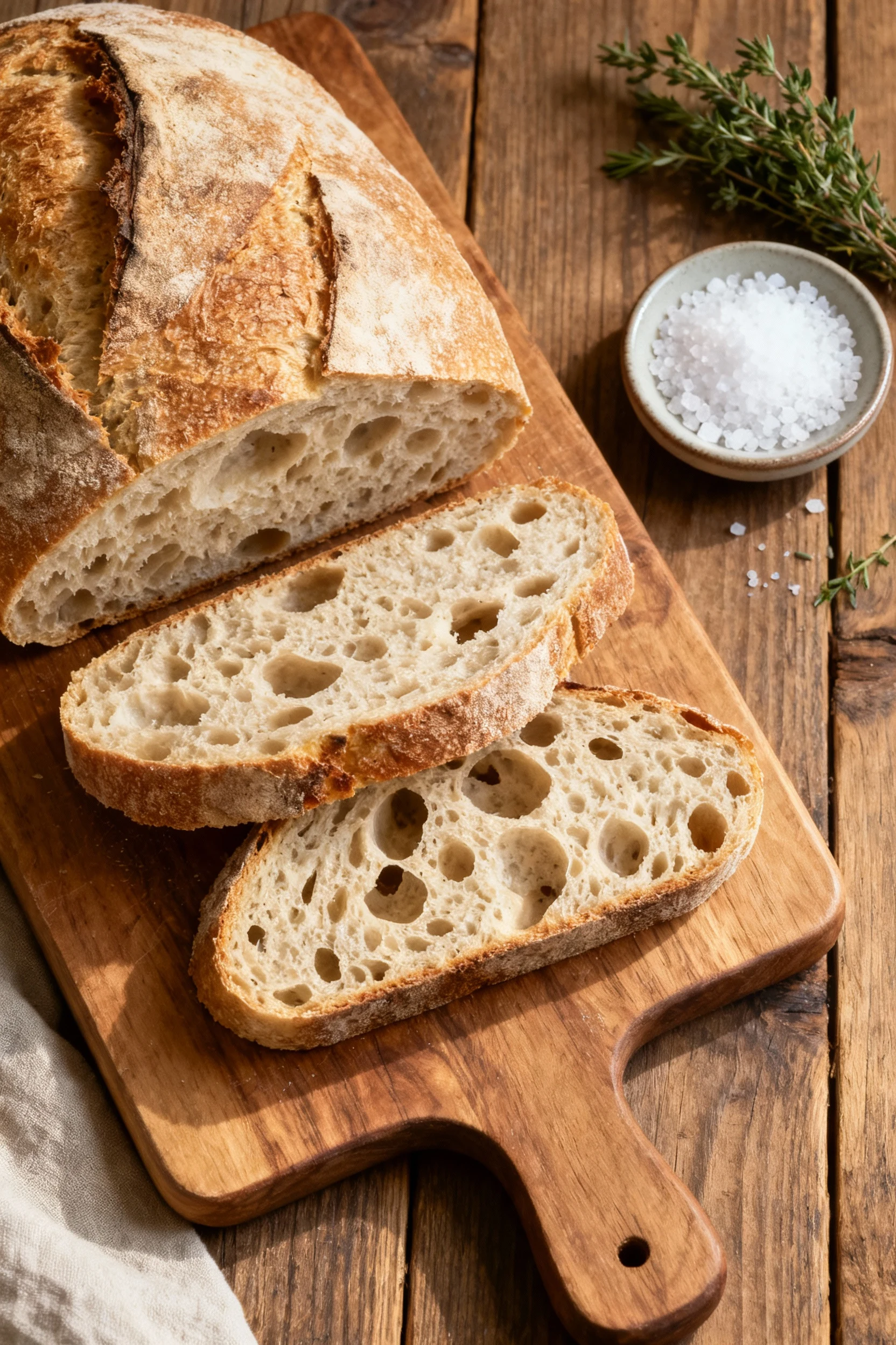 Overhead shot of sliced sourdough on a wooden board, revealing airy open crumb structure with irregular holes, accompani