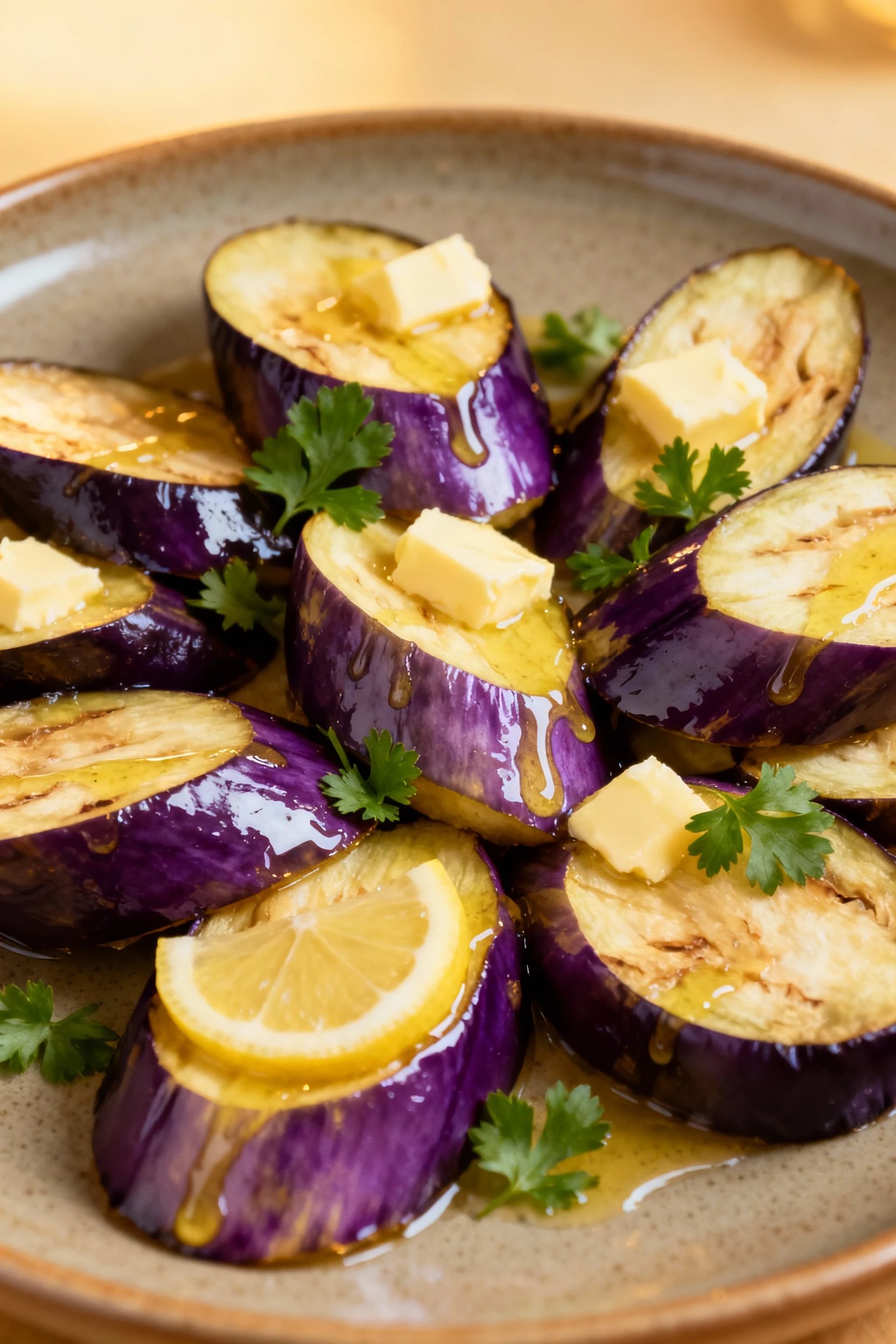 Beautifully plated eggplant medley drizzled with lemon juice, garnished with fresh parsley, served on a matte ceramic pl