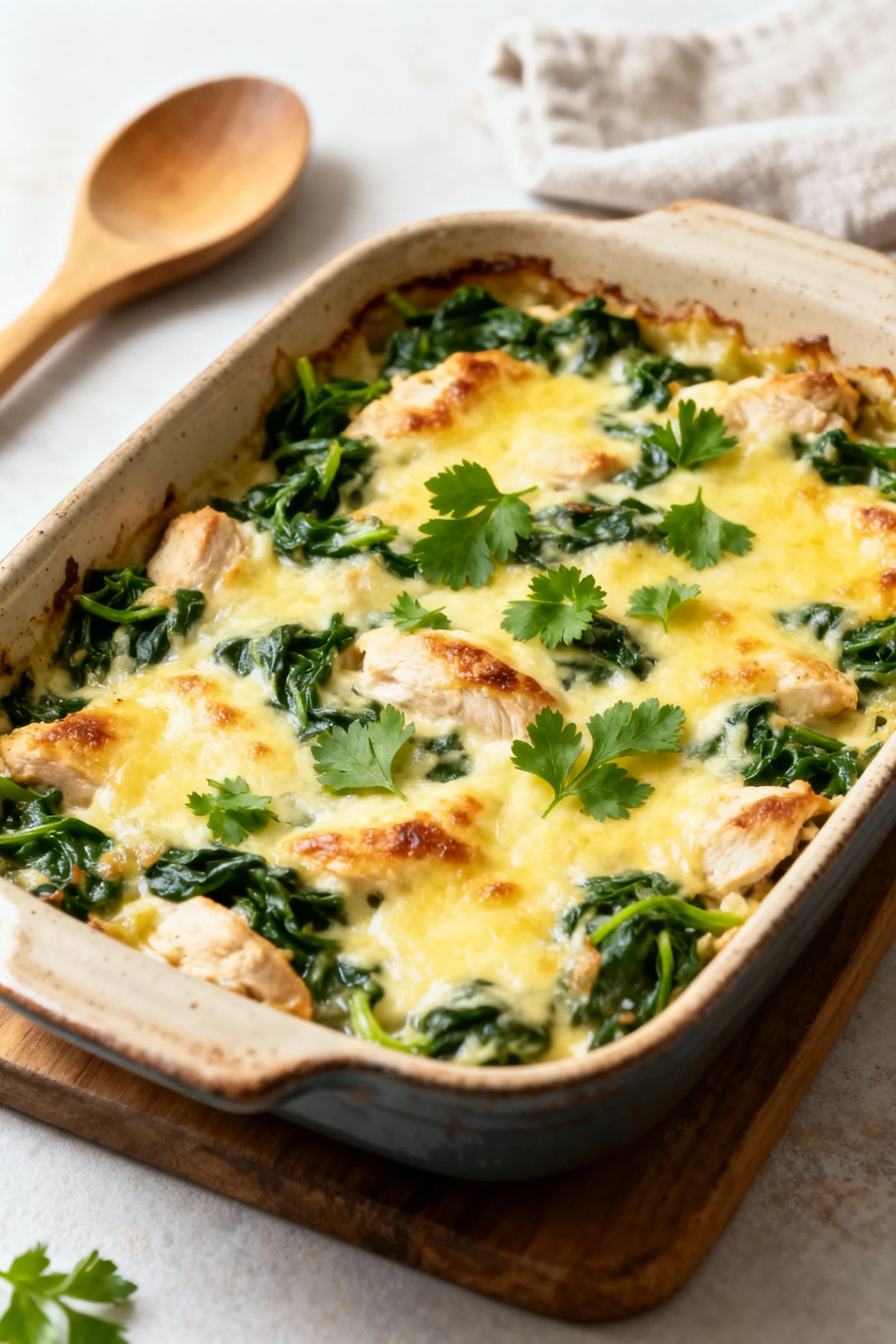 Overhead shot of the completed Weight Watchers chicken and spinach bake served in a rustic ceramic baking dish, cheese m