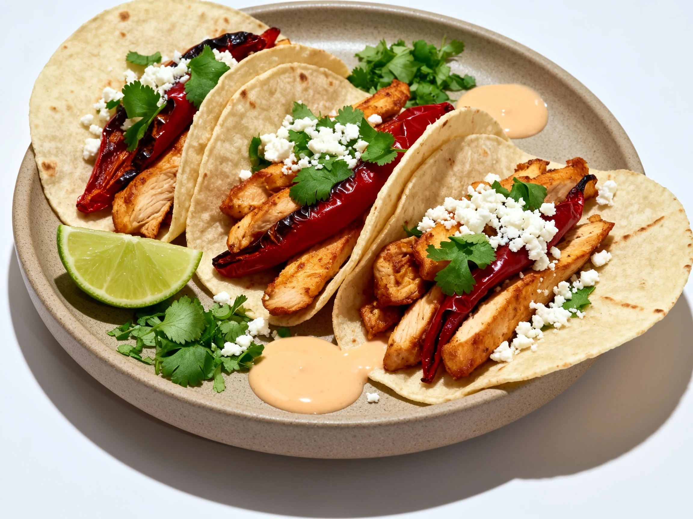 Food photography, 2. Beautifully plated chicken fajitas: warm tortillas loaded with smoky roasted peppers and juicy chic