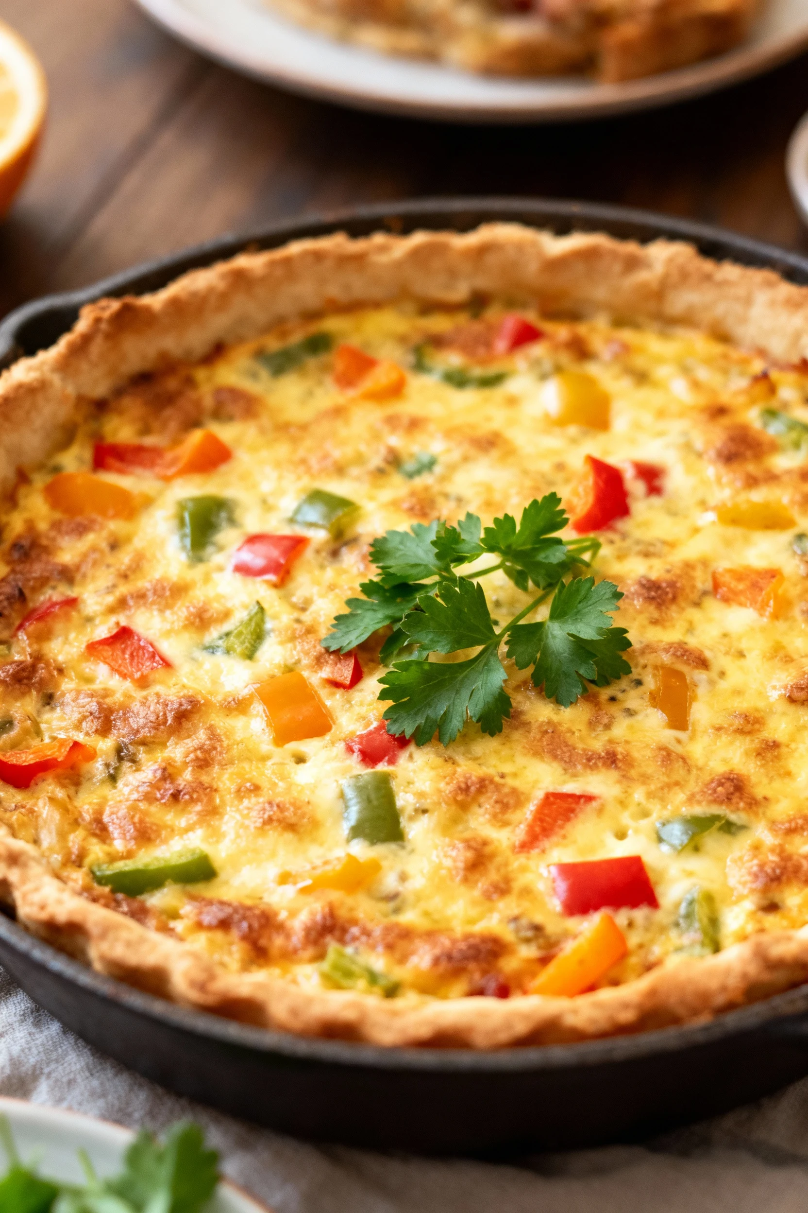 2. Overhead shot of the full quiche in its baking dish, evenly browned top dotted with colorful pieces of bell pepper an