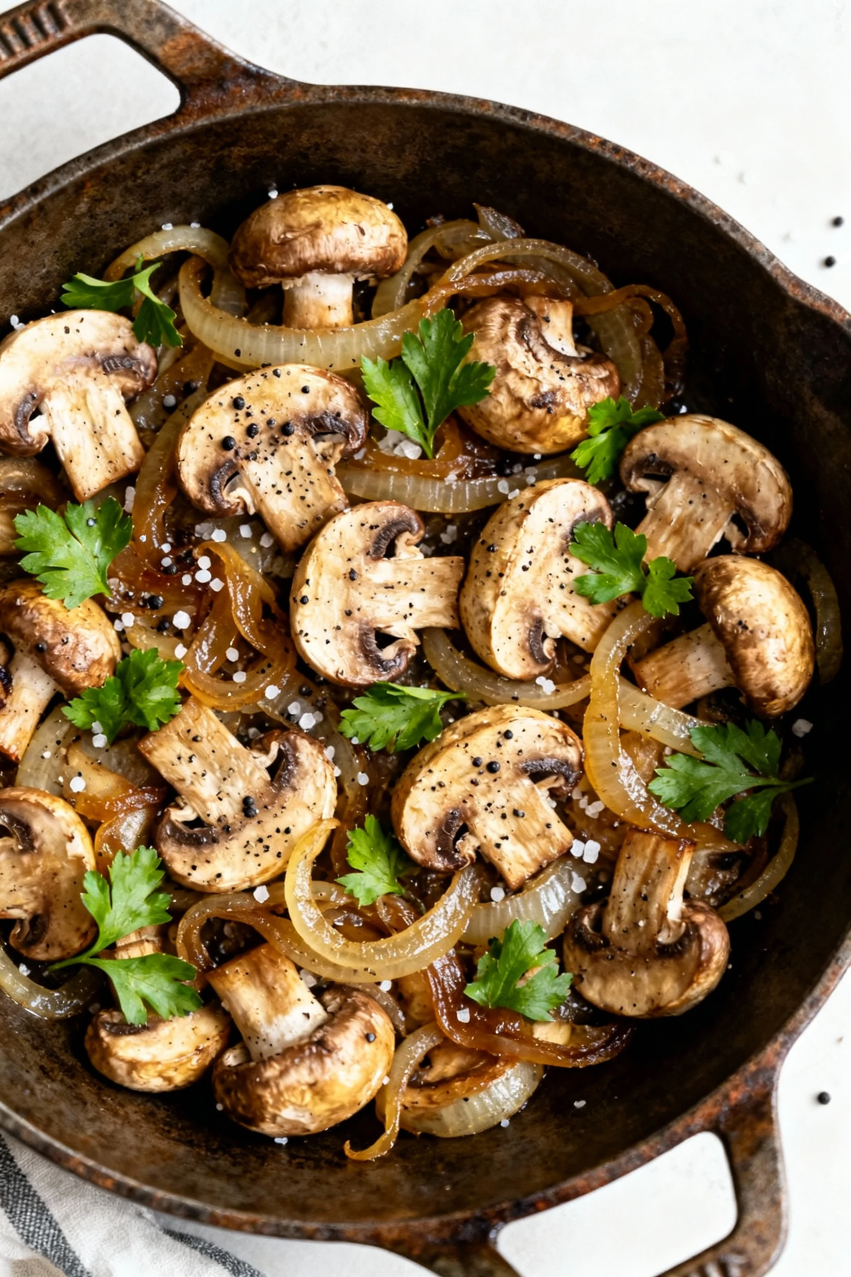 Overhead shot of a rustic skillet filled with sautéed mushrooms and caramelized onions, lightly seasoned with cracked bl