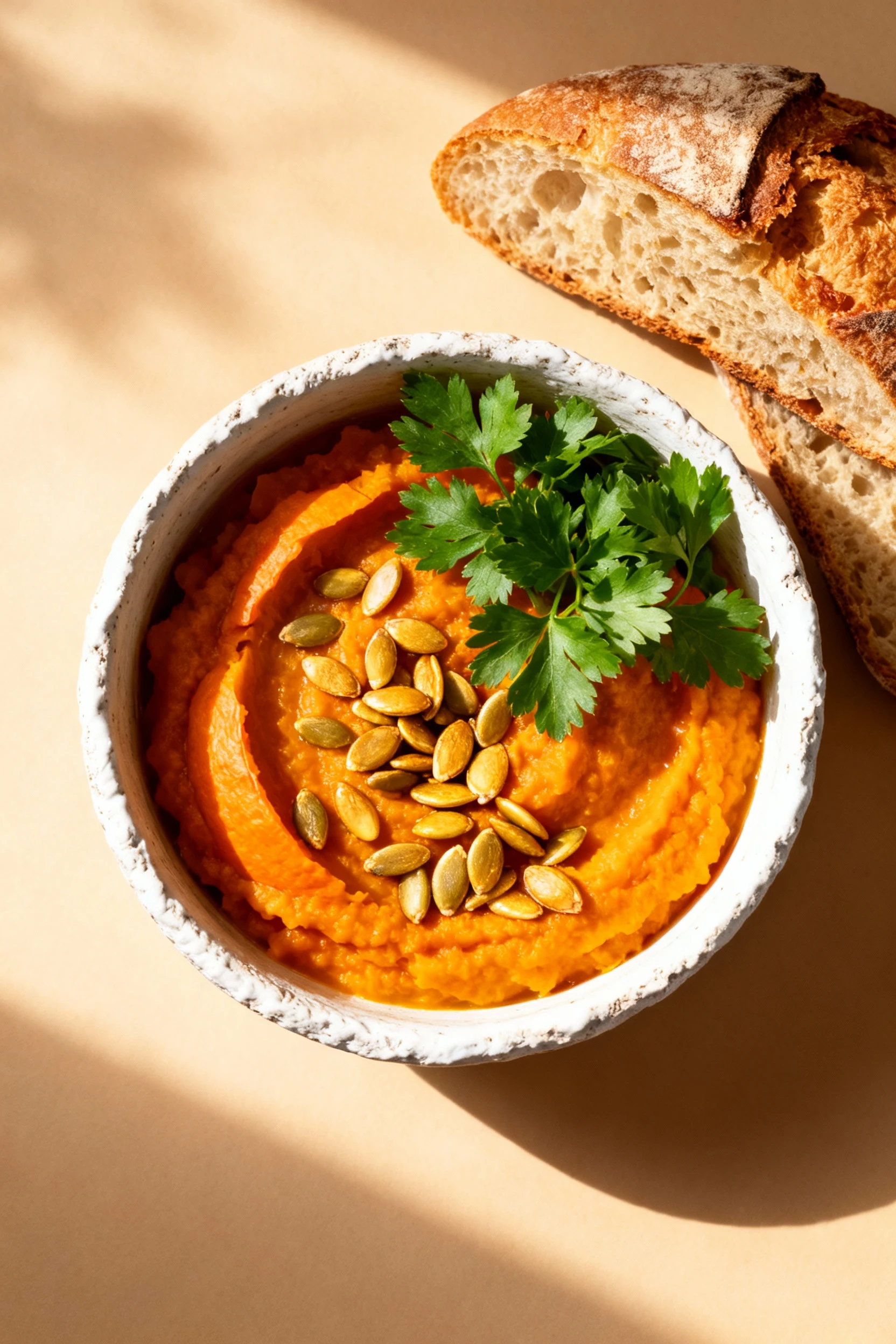 Overhead shot of finished pumpkin dish served in a rustic white bowl, garnished with fresh parsley and toasted pumpkin s