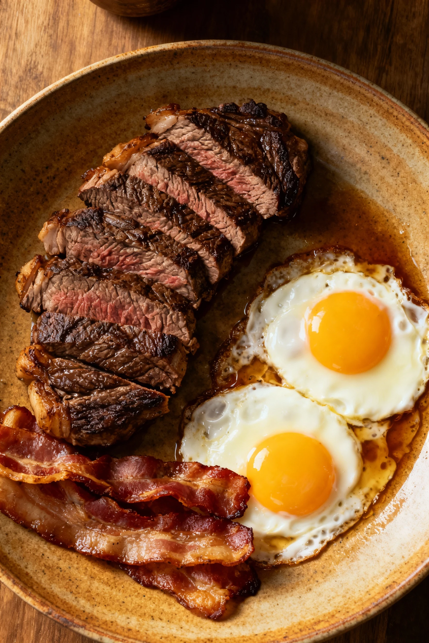Overhead shot of a full carnivore plate featuring sliced ribeye, crisp-edged bacon, and sunny-side-up eggs cooked in bac