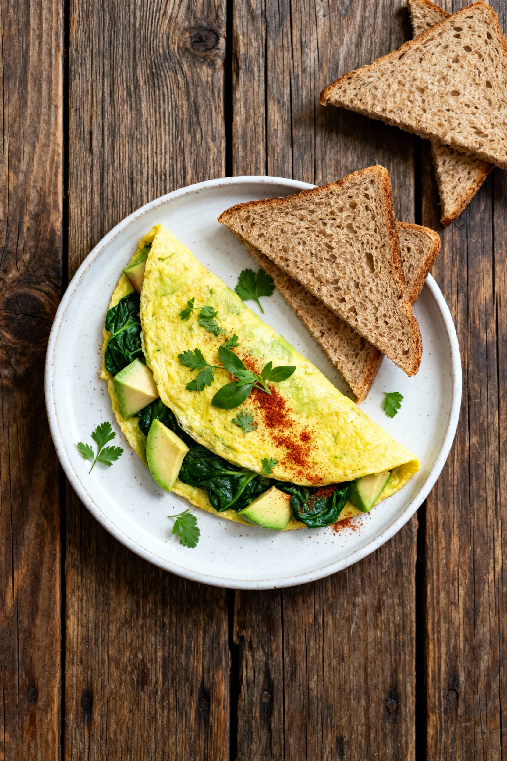 Overhead shot of a vibrant avocado and spinach omelet folded neatly on a white ceramic plate, garnished with fresh herbs