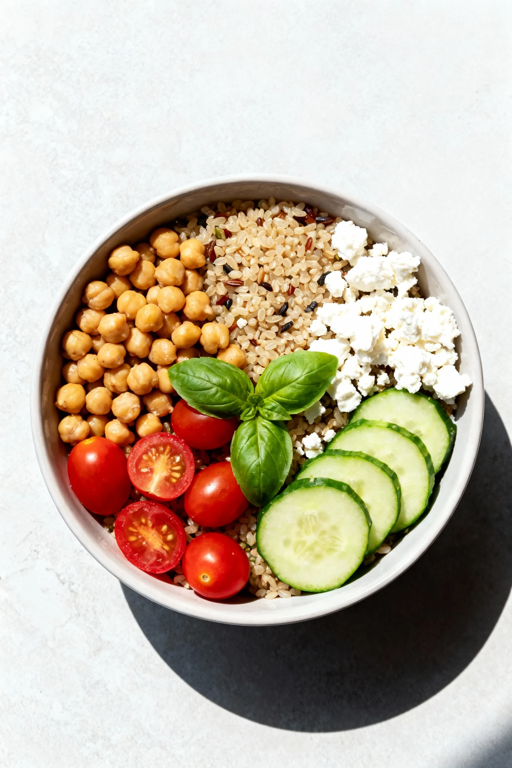 Overhead shot of a Mediterranean-inspired grain bowl featuring chickpeas, cherry tomatoes, cucumber slices, and feta cru