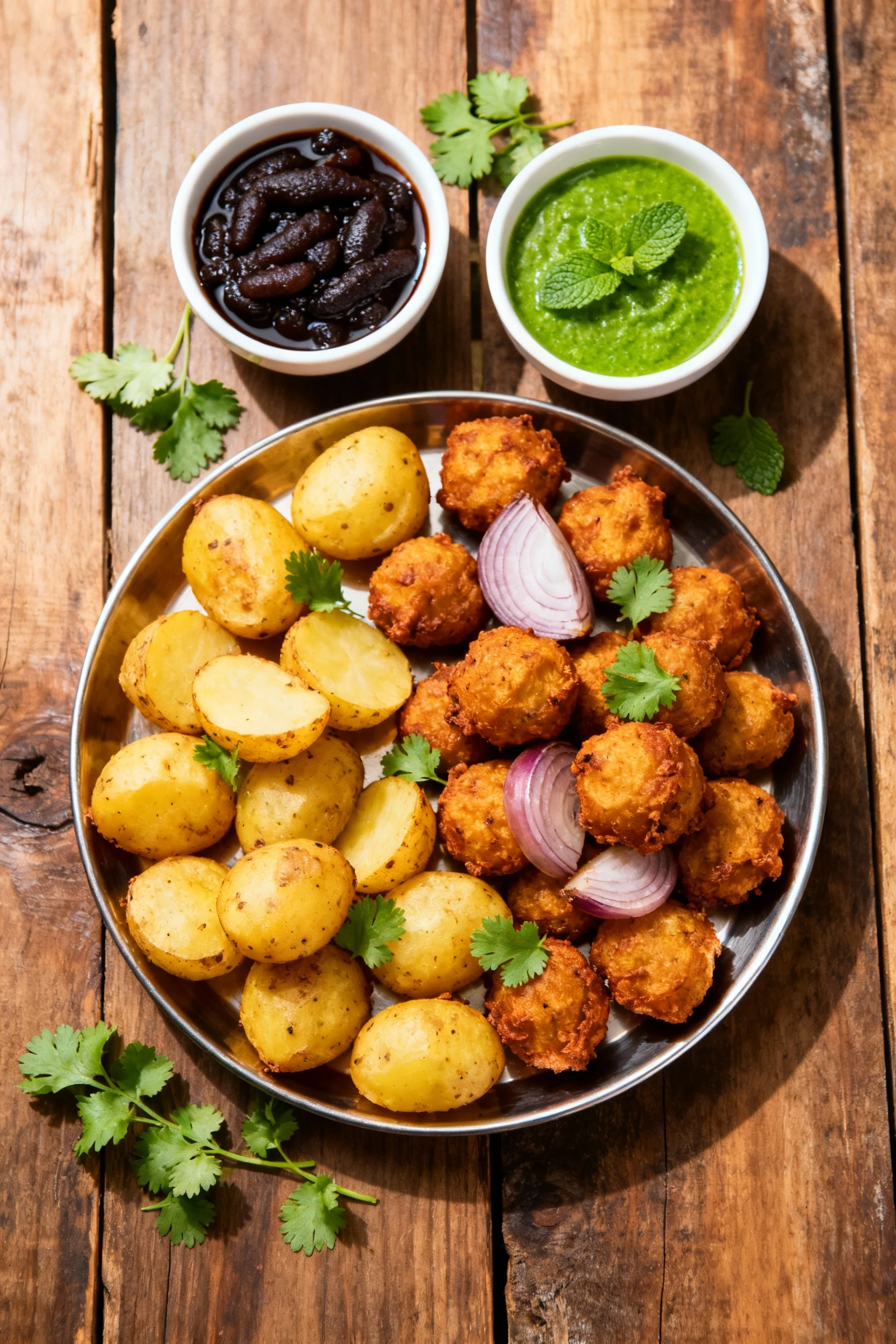 Overhead shot of a platter of assorted Indian snacks including fried potato and onion bites, with small bowls of tamarin