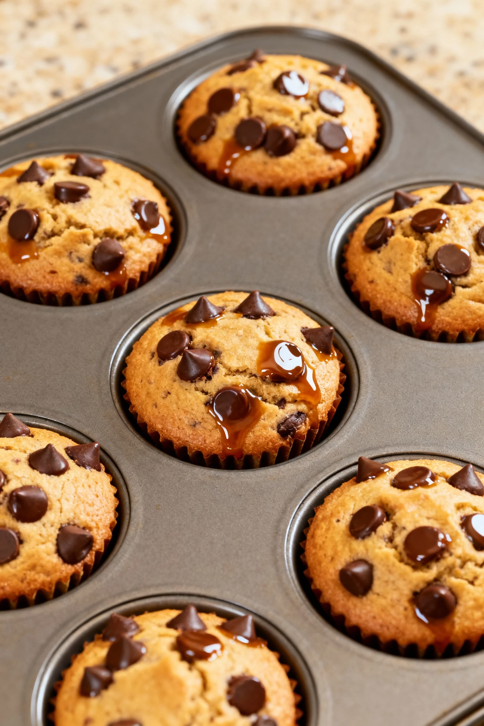 Overhead shot of the freshly baked dish in a muffin tin, each portion crowned with glossy chocolate chips slightly melte