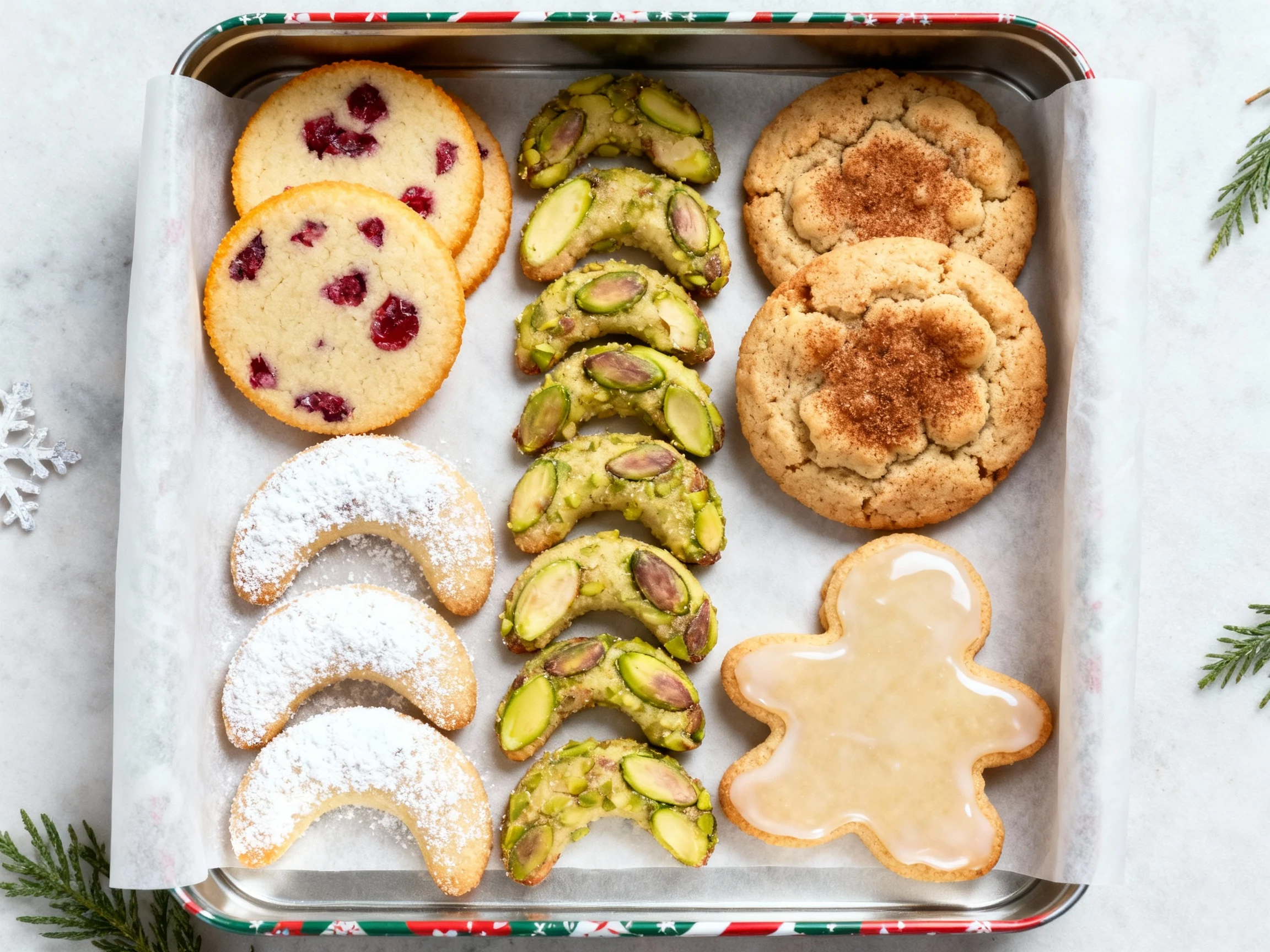 Food photography, Overhead shot of a parchment-lined holiday cookie tin showcasing variety: cranberry-orange shortbread 