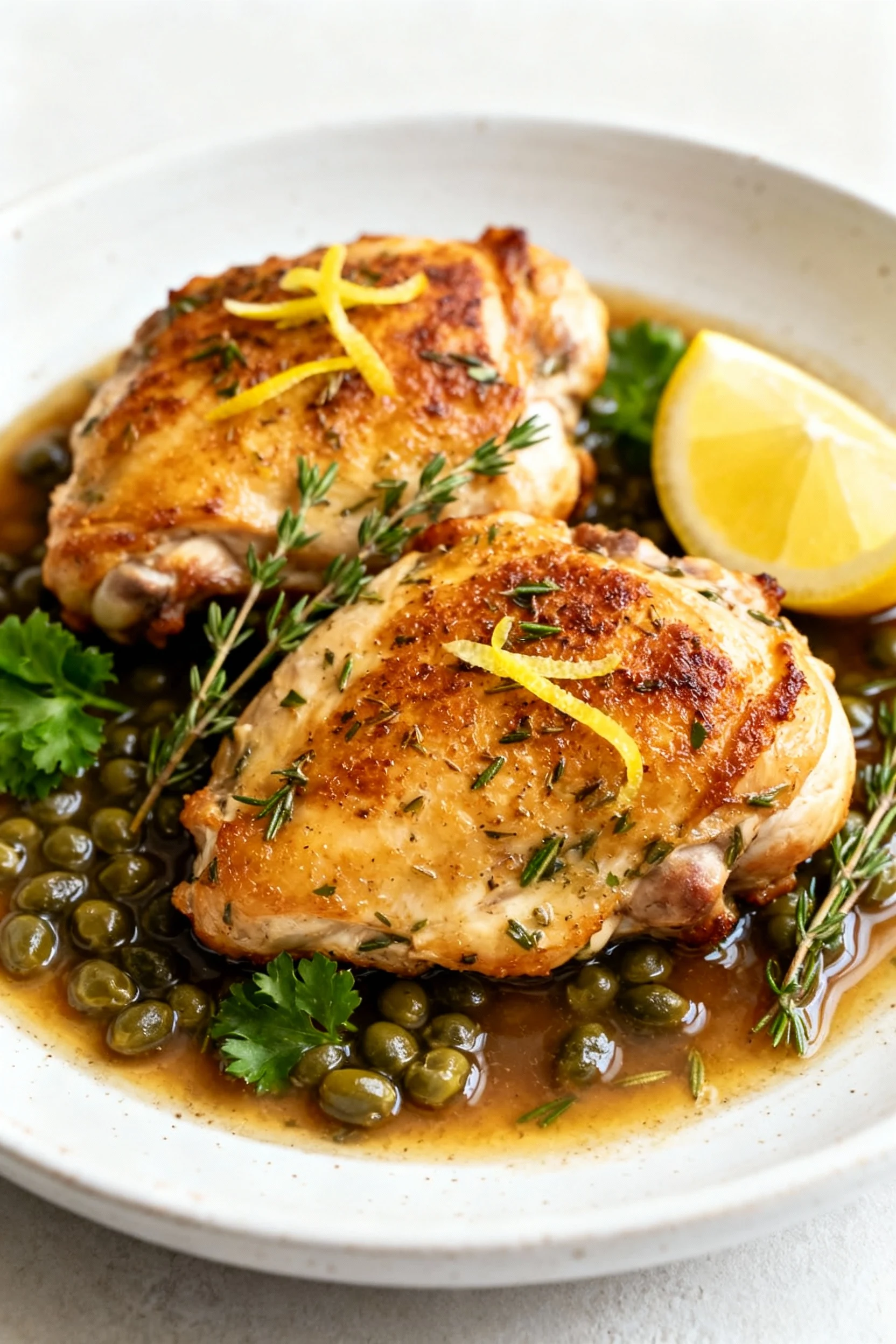 Final dish presentation: Lemon-Herb crisp-skin chicken thighs on a white ceramic plate over glossy pan sauce with capers